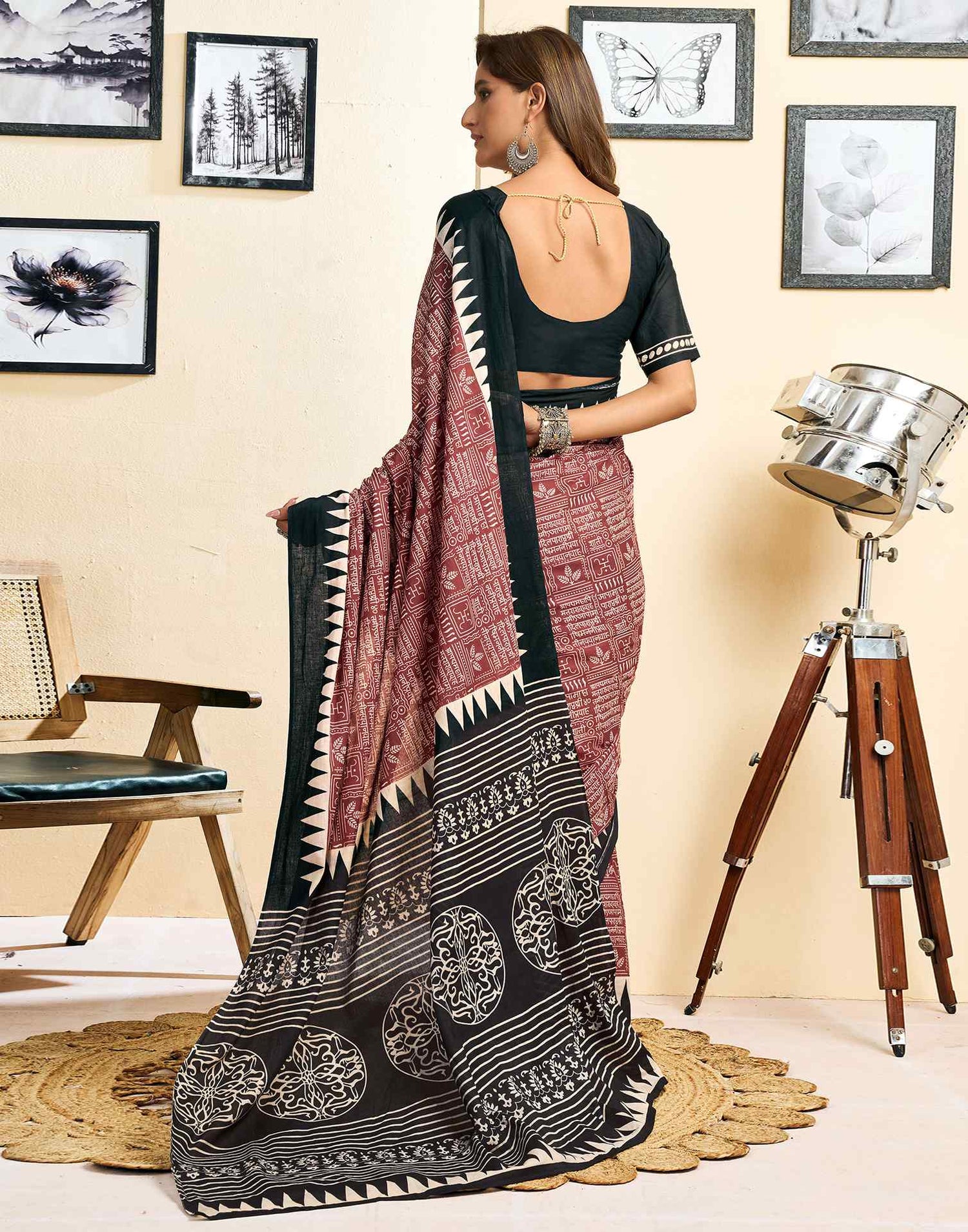 Ready To Wear Brown Cotton Printed Saree