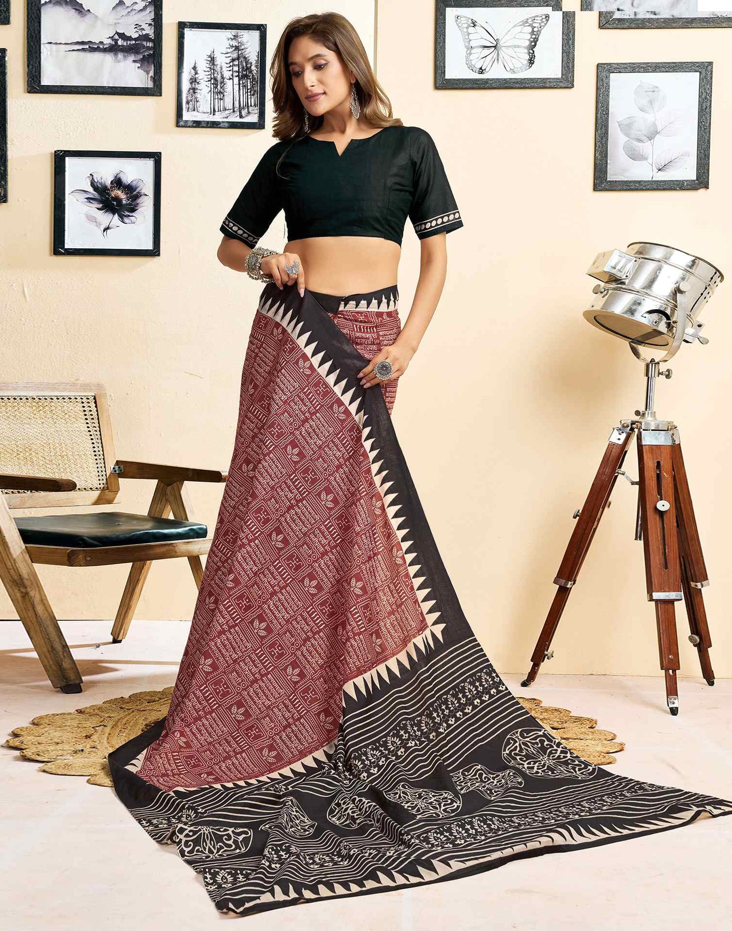 Ready To Wear Brown Cotton Printed Saree