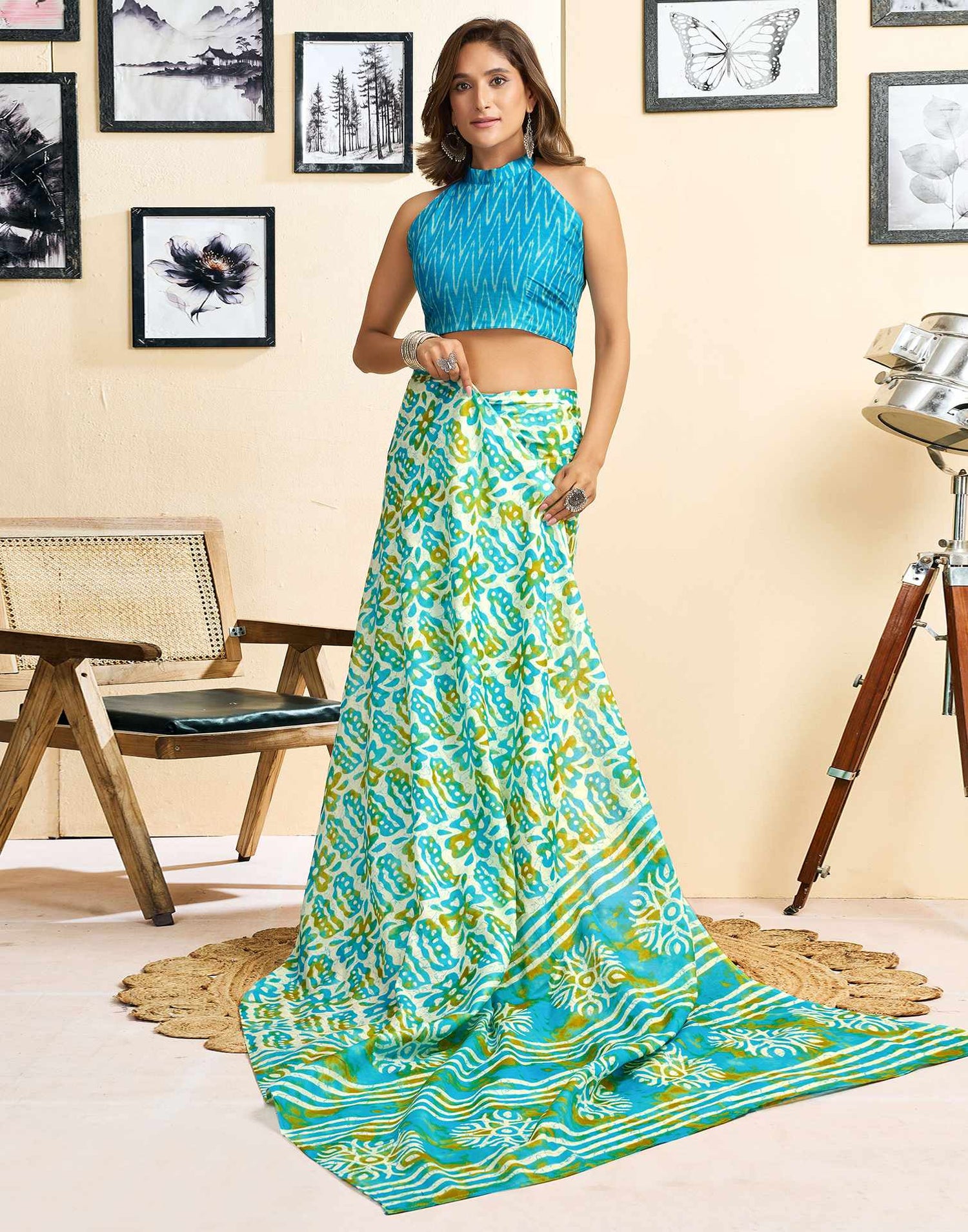 Ready To Wear Multicoloured Cotton Printed Saree With Pocket