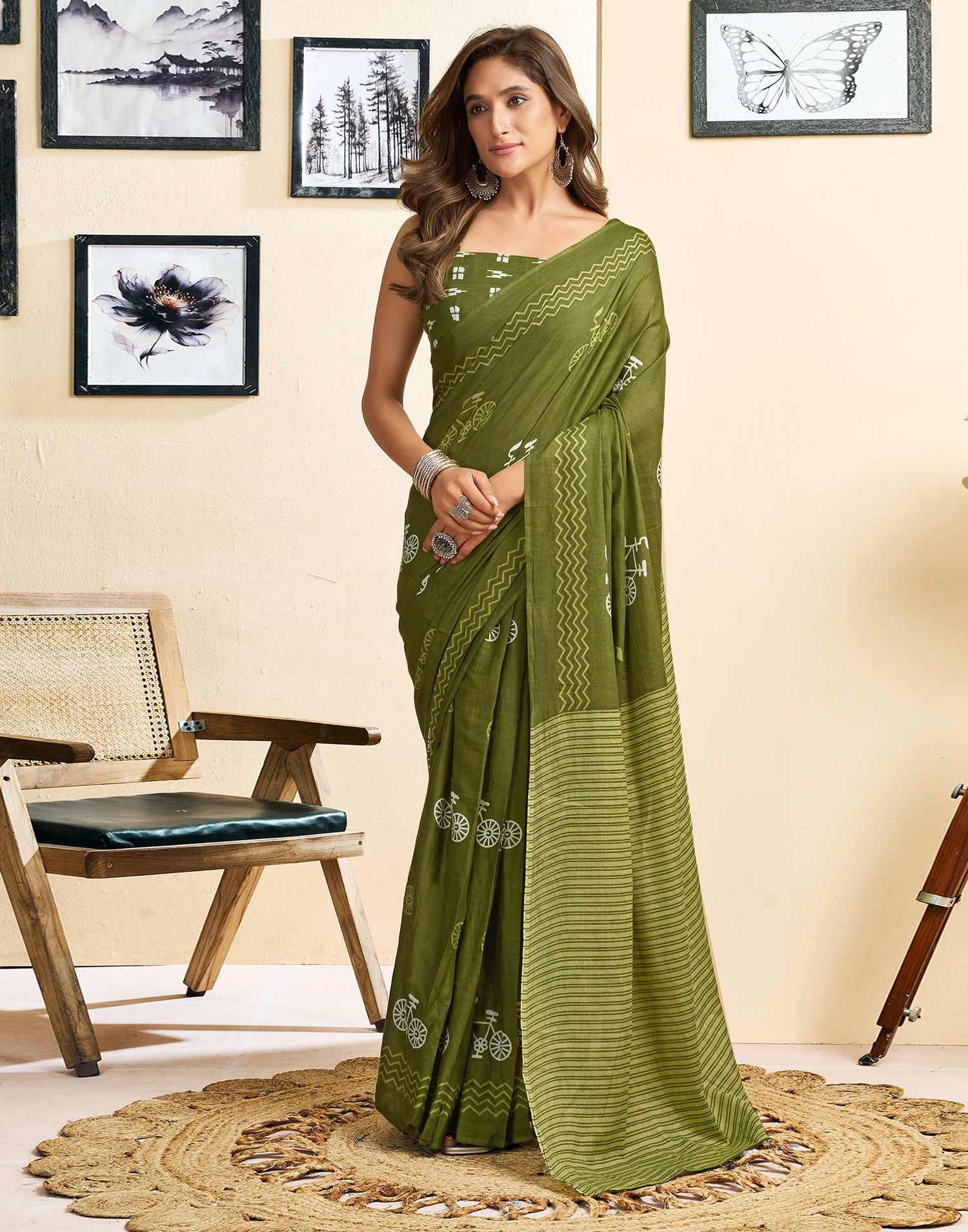 Ready To Wear Green Cotton Printed Saree With Pocket