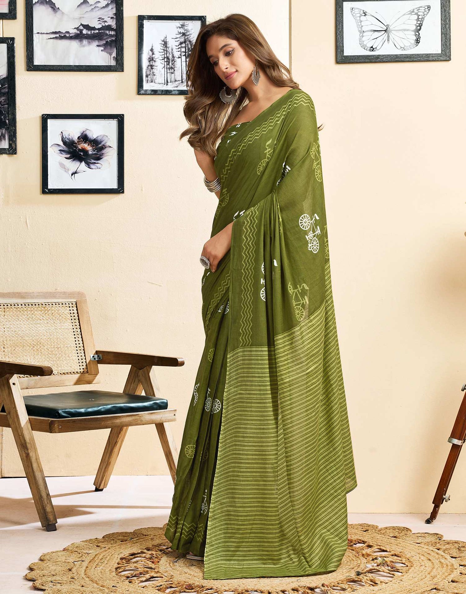 Ready To Wear Green Cotton Printed Saree With Pocket