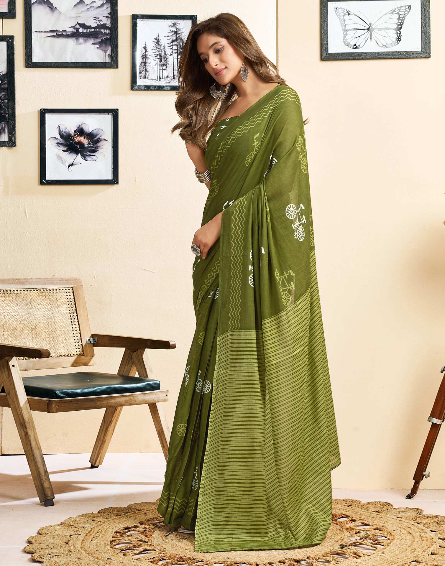 Ready To Wear Green Cotton Printed Saree With Pocket