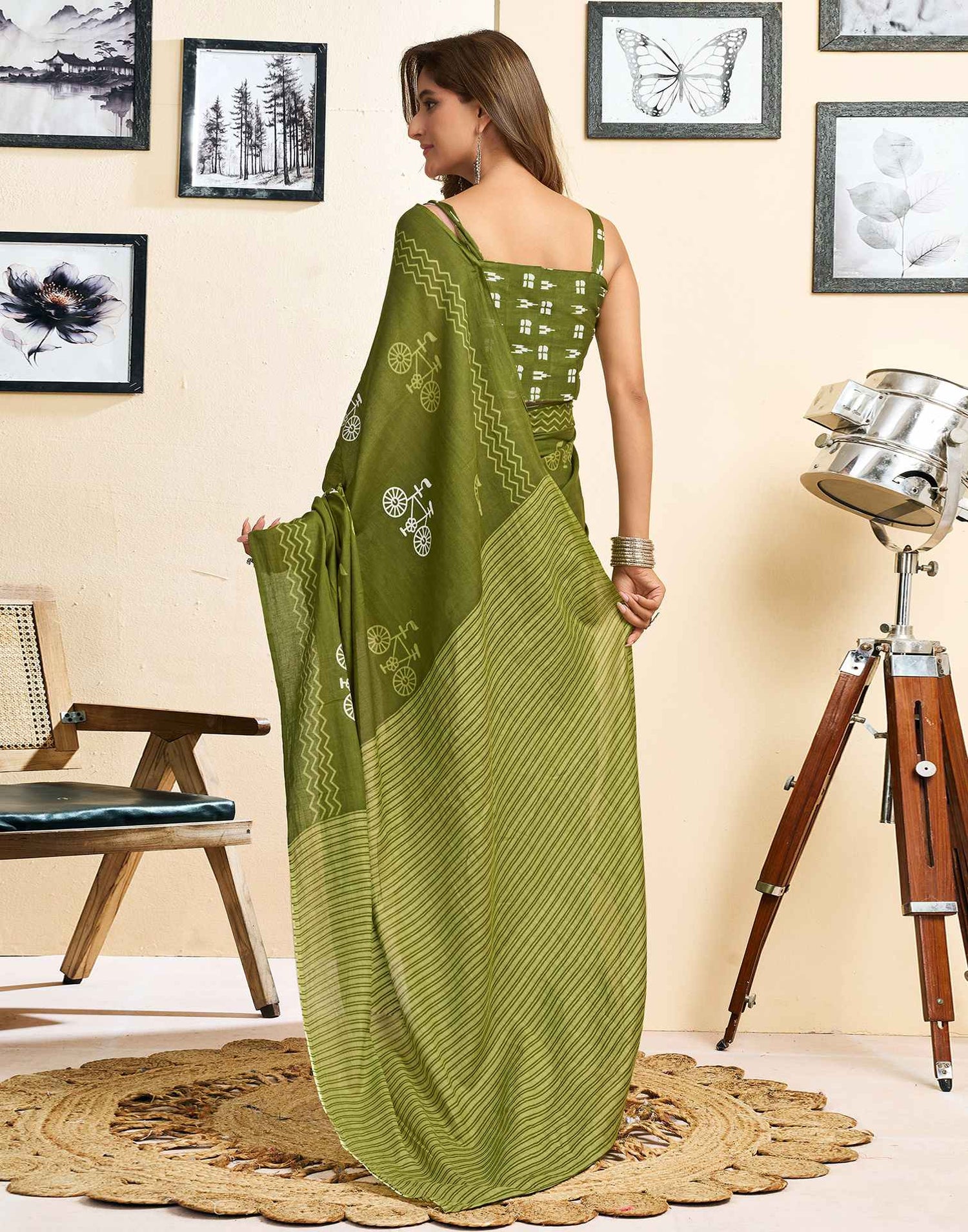Ready To Wear Green Cotton Printed Saree With Pocket