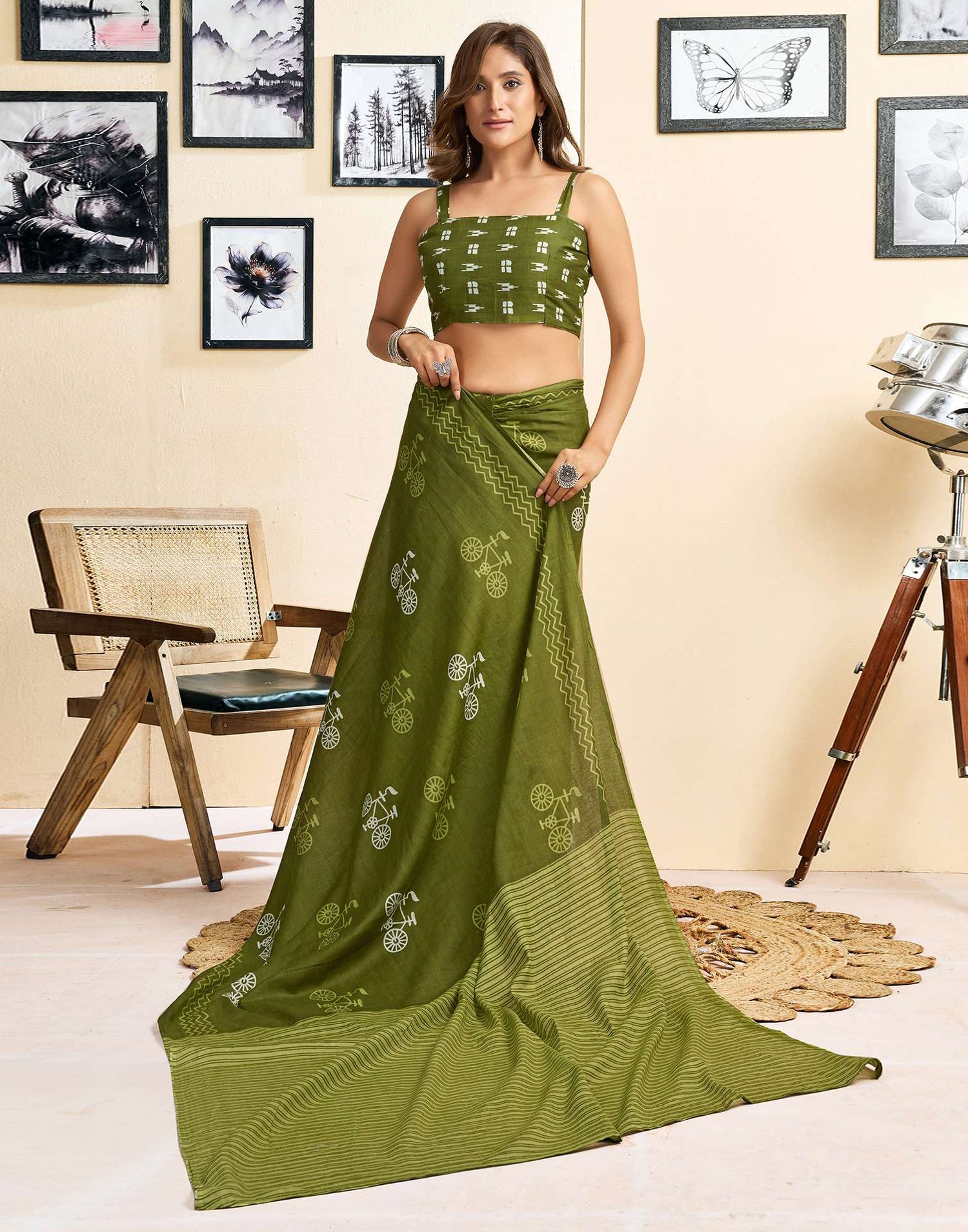 Ready To Wear Green Cotton Printed Saree With Pocket