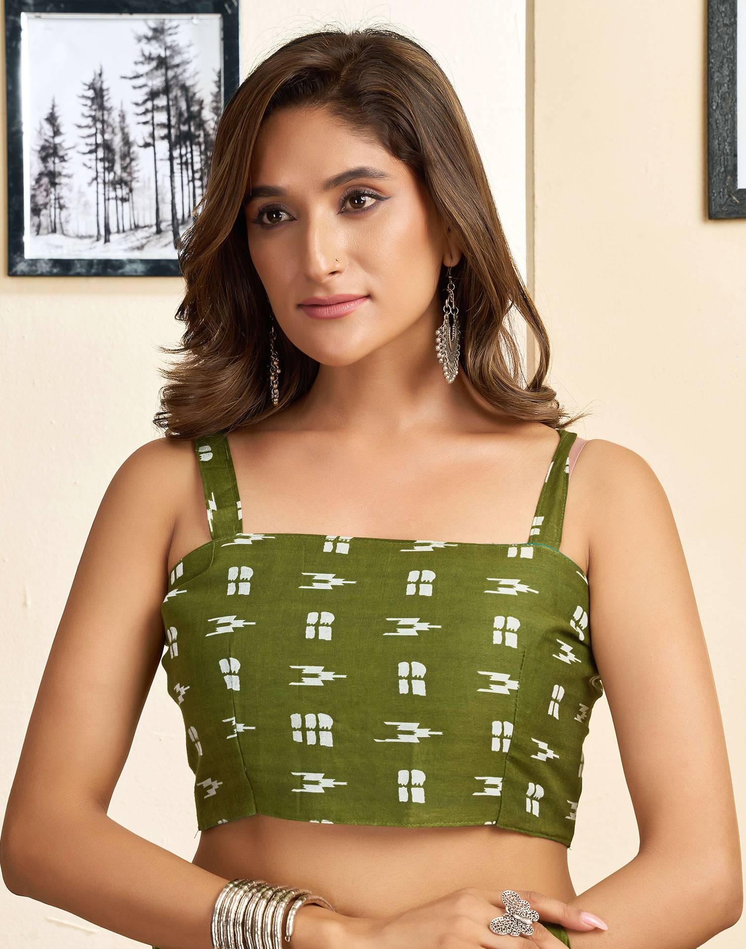 Ready To Wear Green Cotton Printed Saree With Pocket