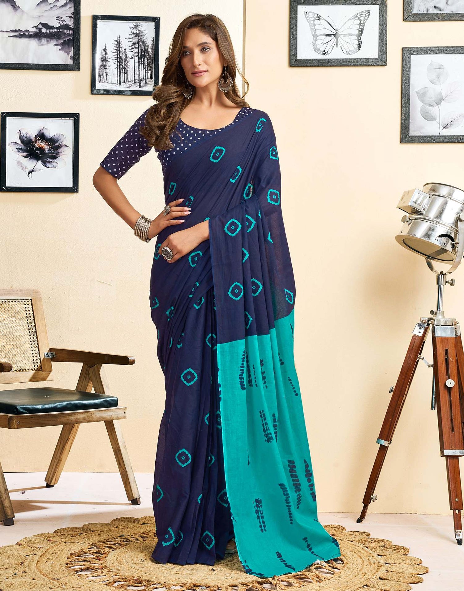 Ready To Wear Blue Cotton Printed Saree With Pocket