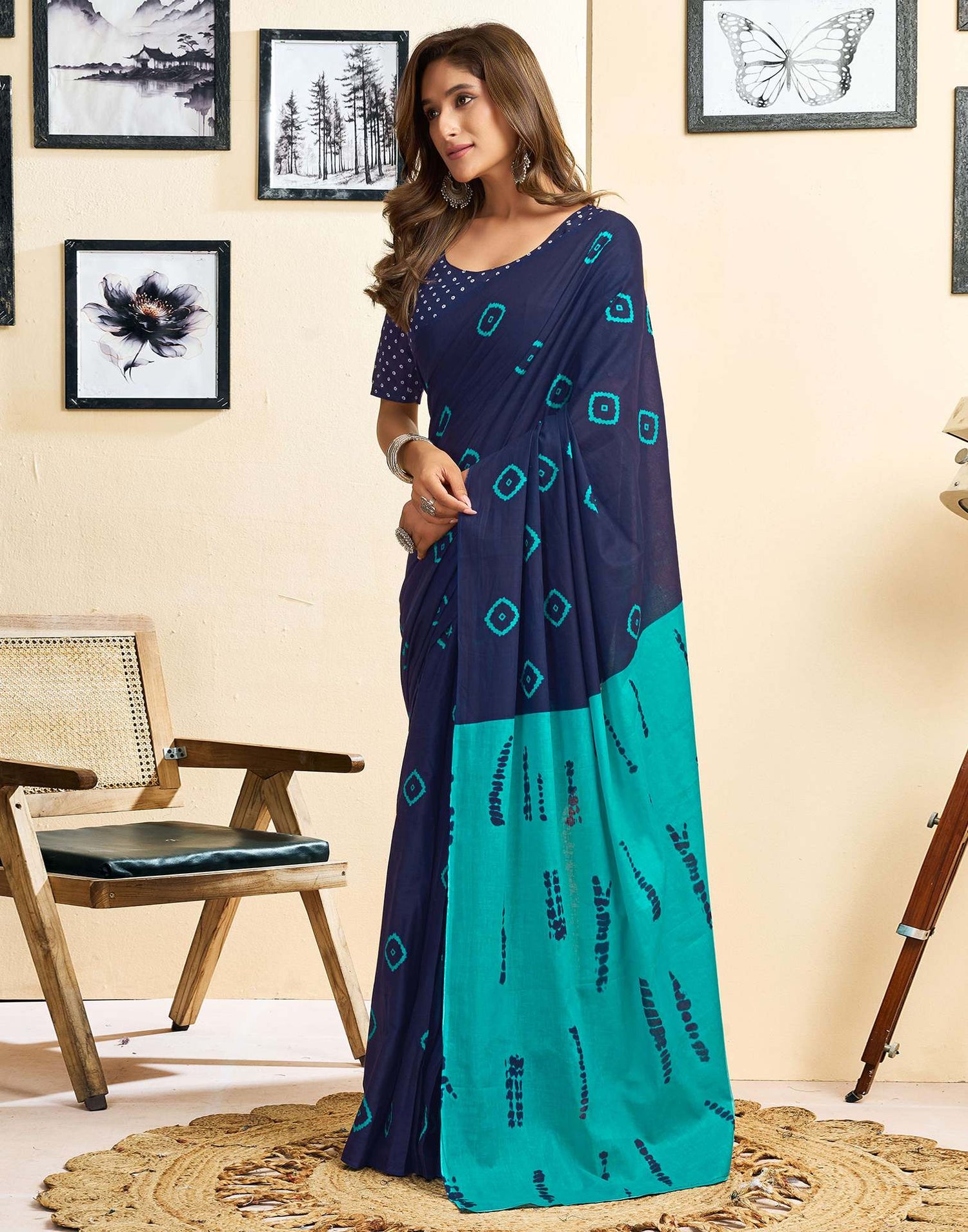 Ready To Wear Blue Cotton Printed Saree With Pocket