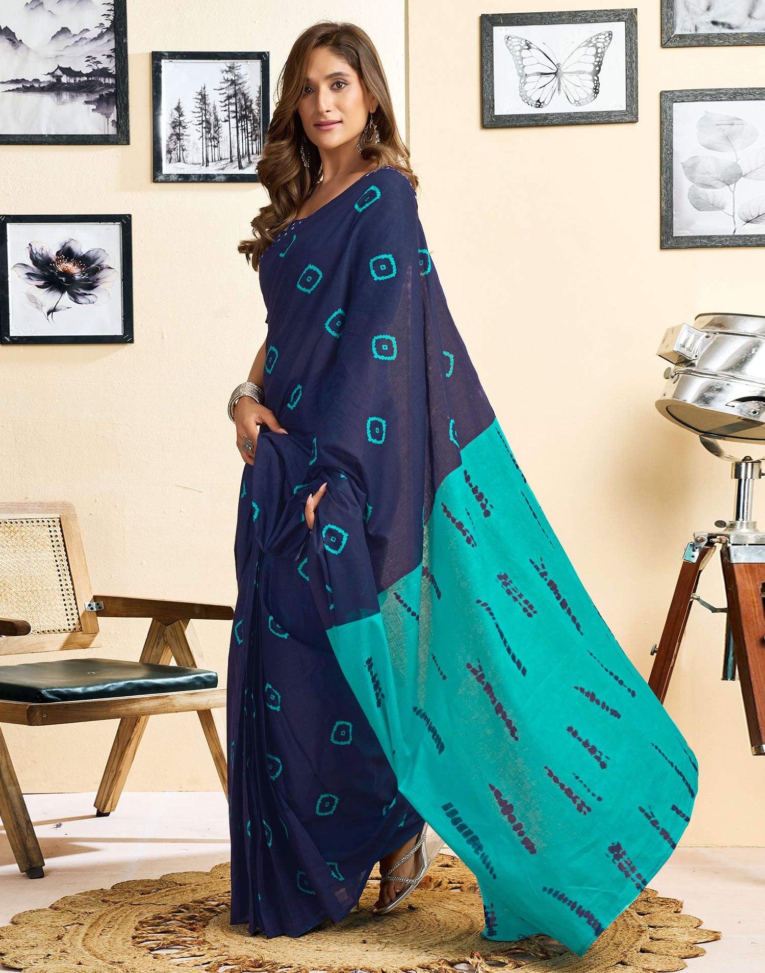 Ready To Wear Blue Cotton Printed Saree With Pocket