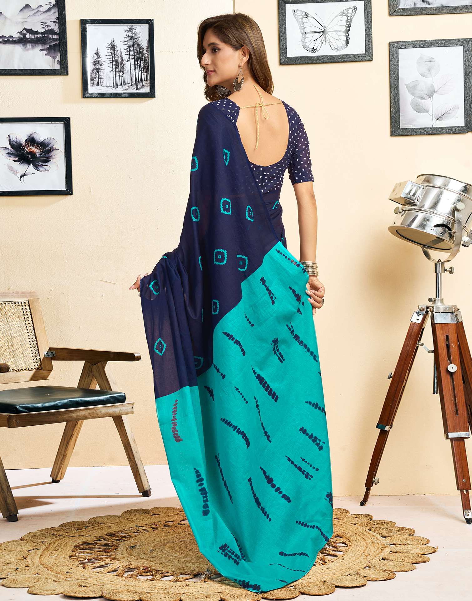 Ready To Wear Blue Cotton Printed Saree With Pocket