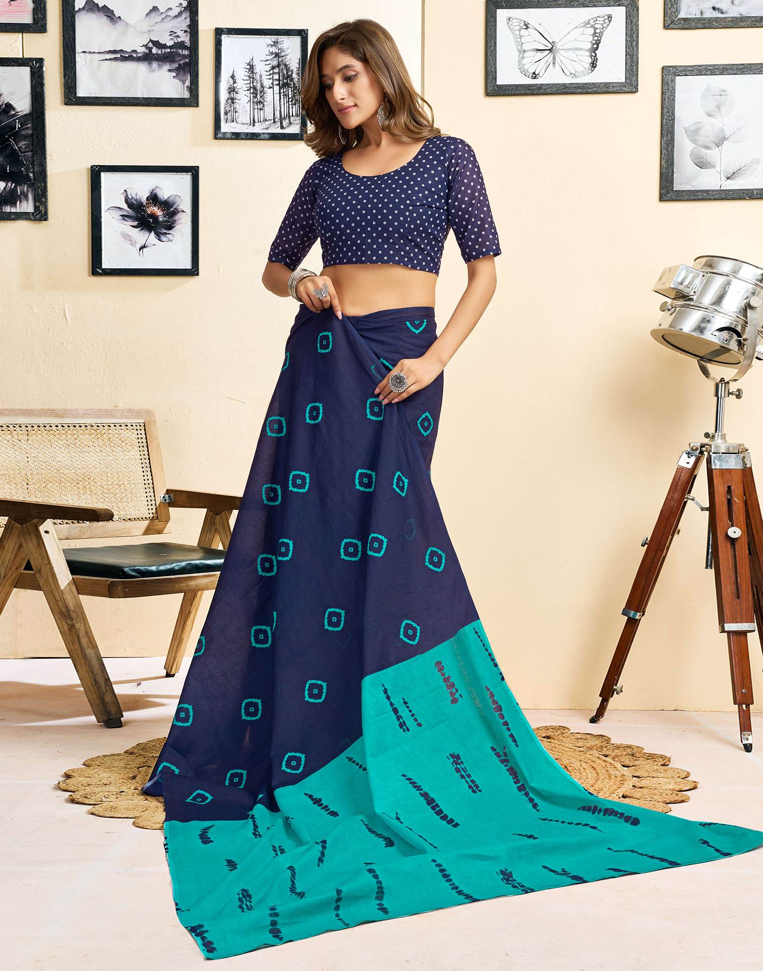 Ready To Wear Blue Cotton Printed Saree With Pocket