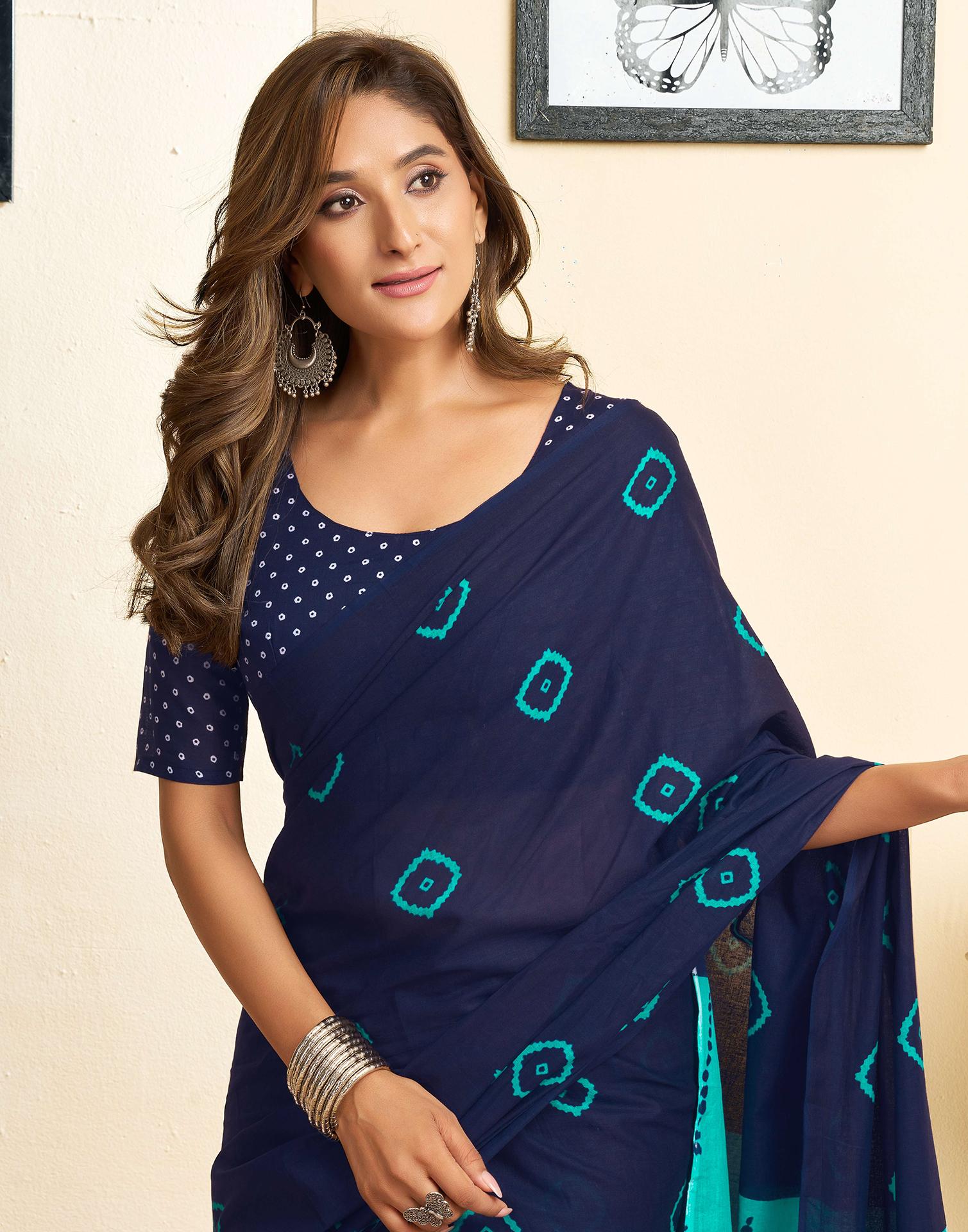 Ready To Wear Blue Cotton Printed Saree With Pocket