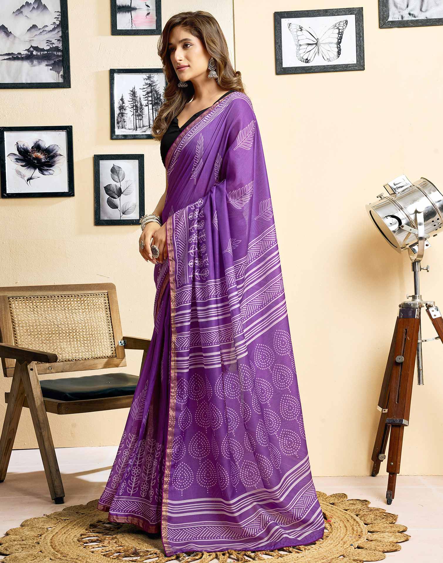Ready To Wear Purple Linen Printed Saree
