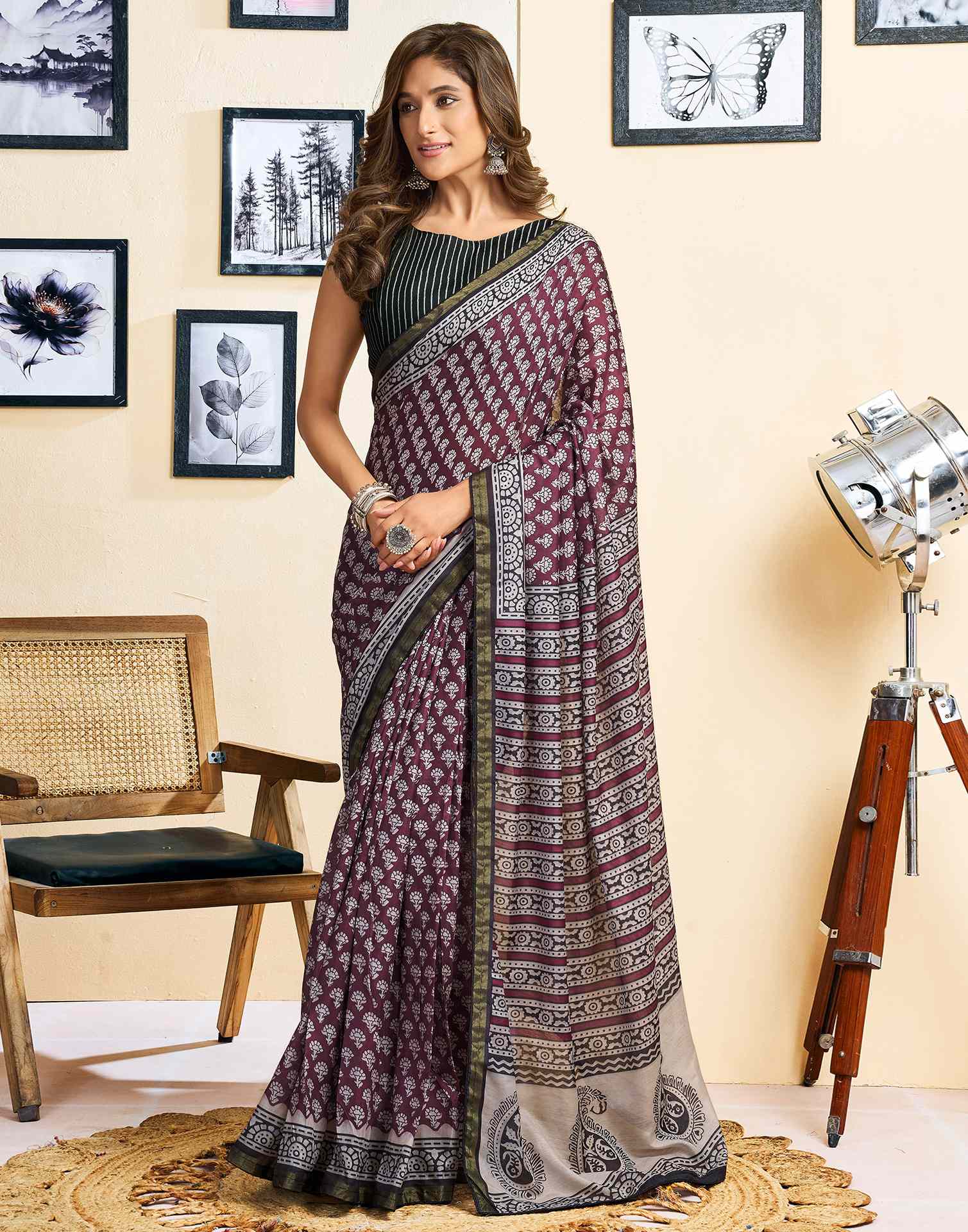 Ready To Wear Coffee Brown Linen Printed Saree