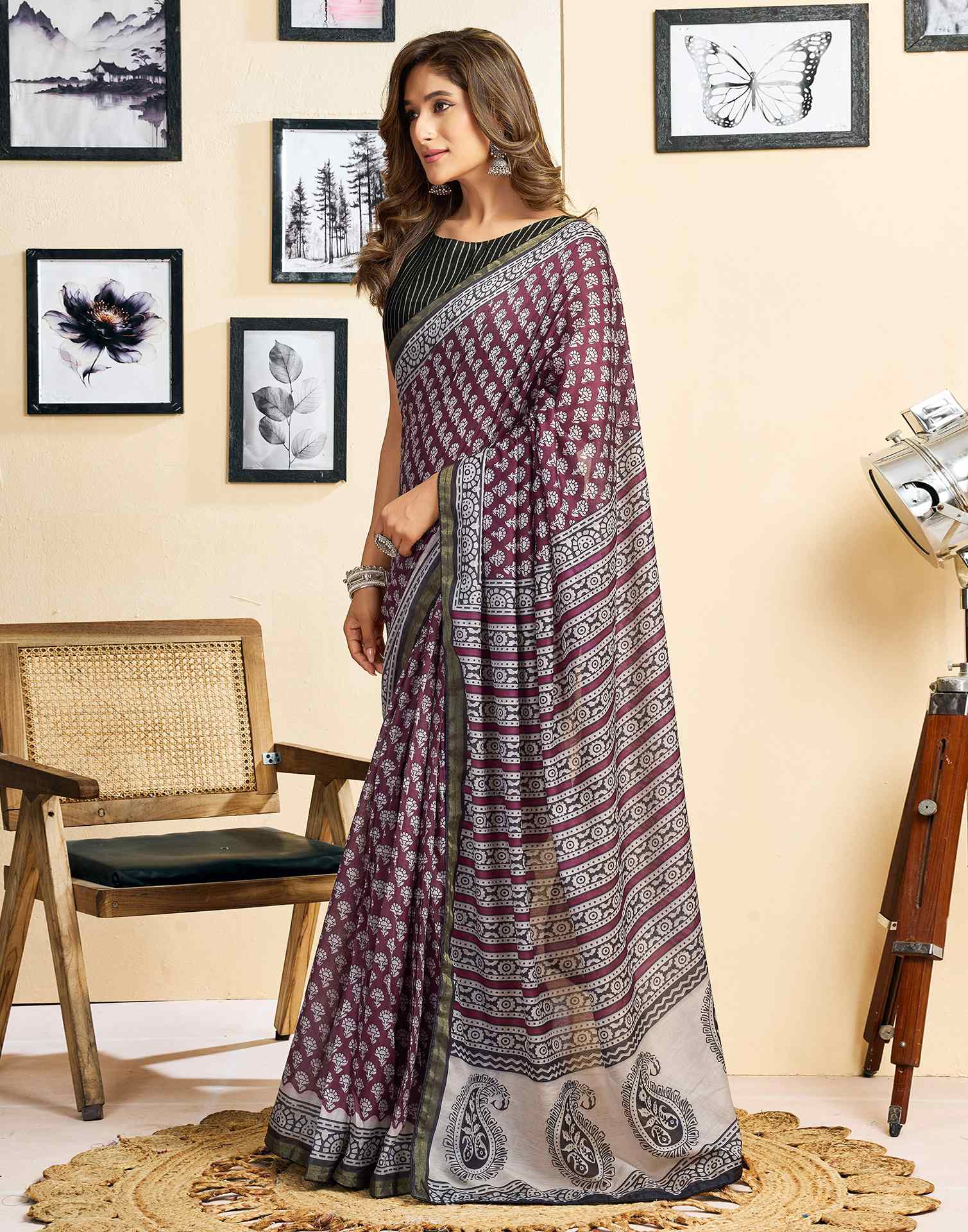 Ready To Wear Coffee Brown Linen Printed Saree