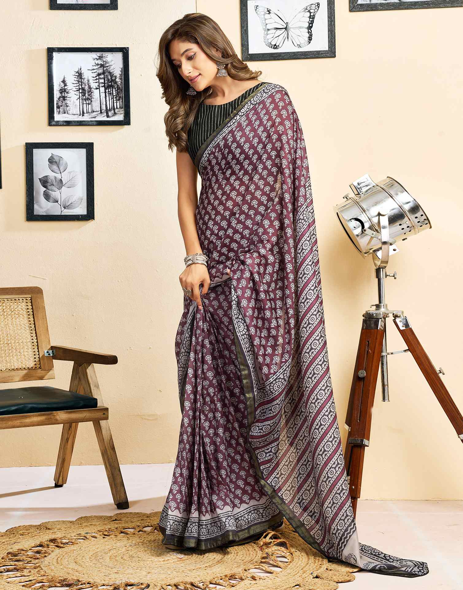Ready To Wear Coffee Brown Linen Printed Saree