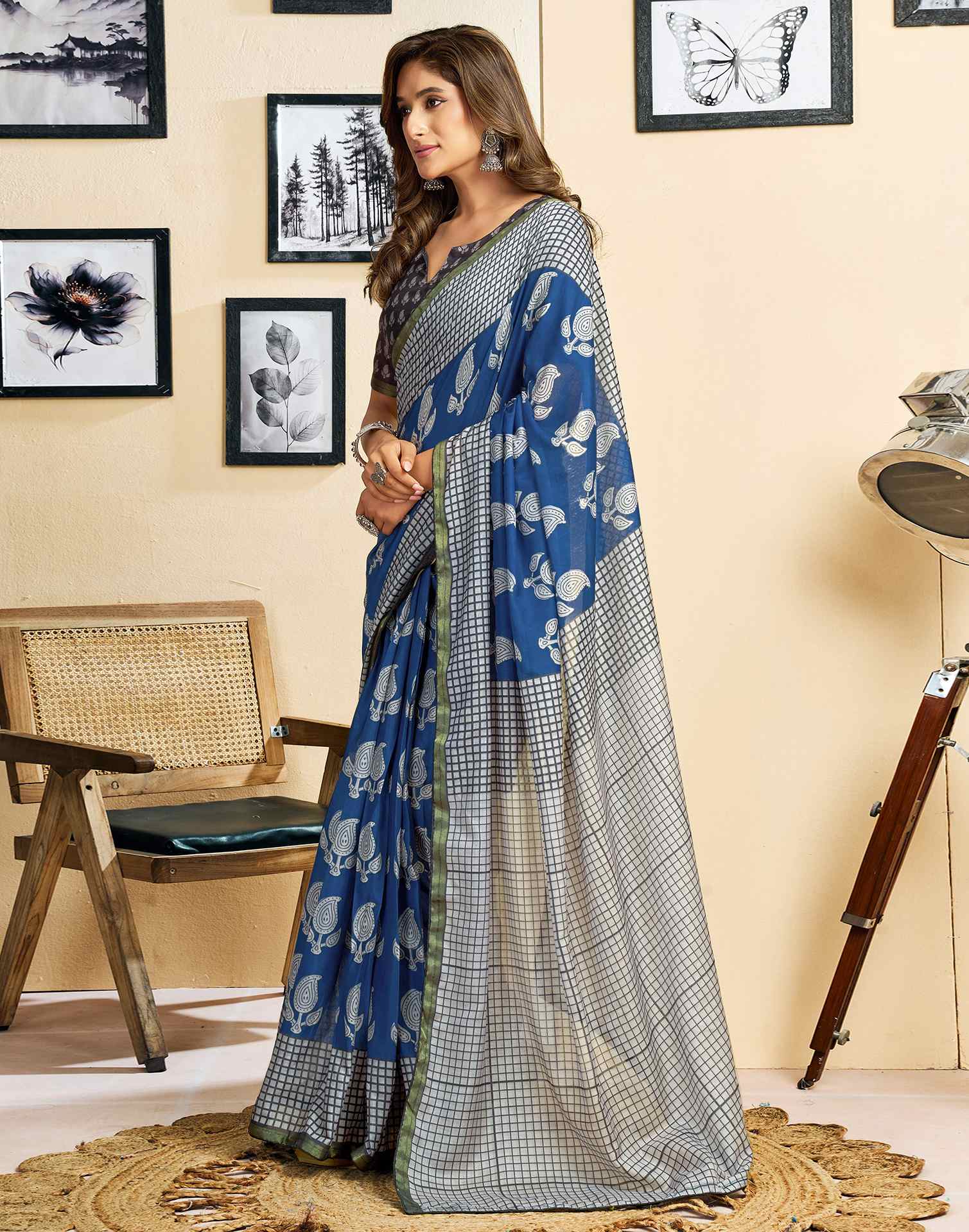 Ready To Wear Blue Linen Printed Saree