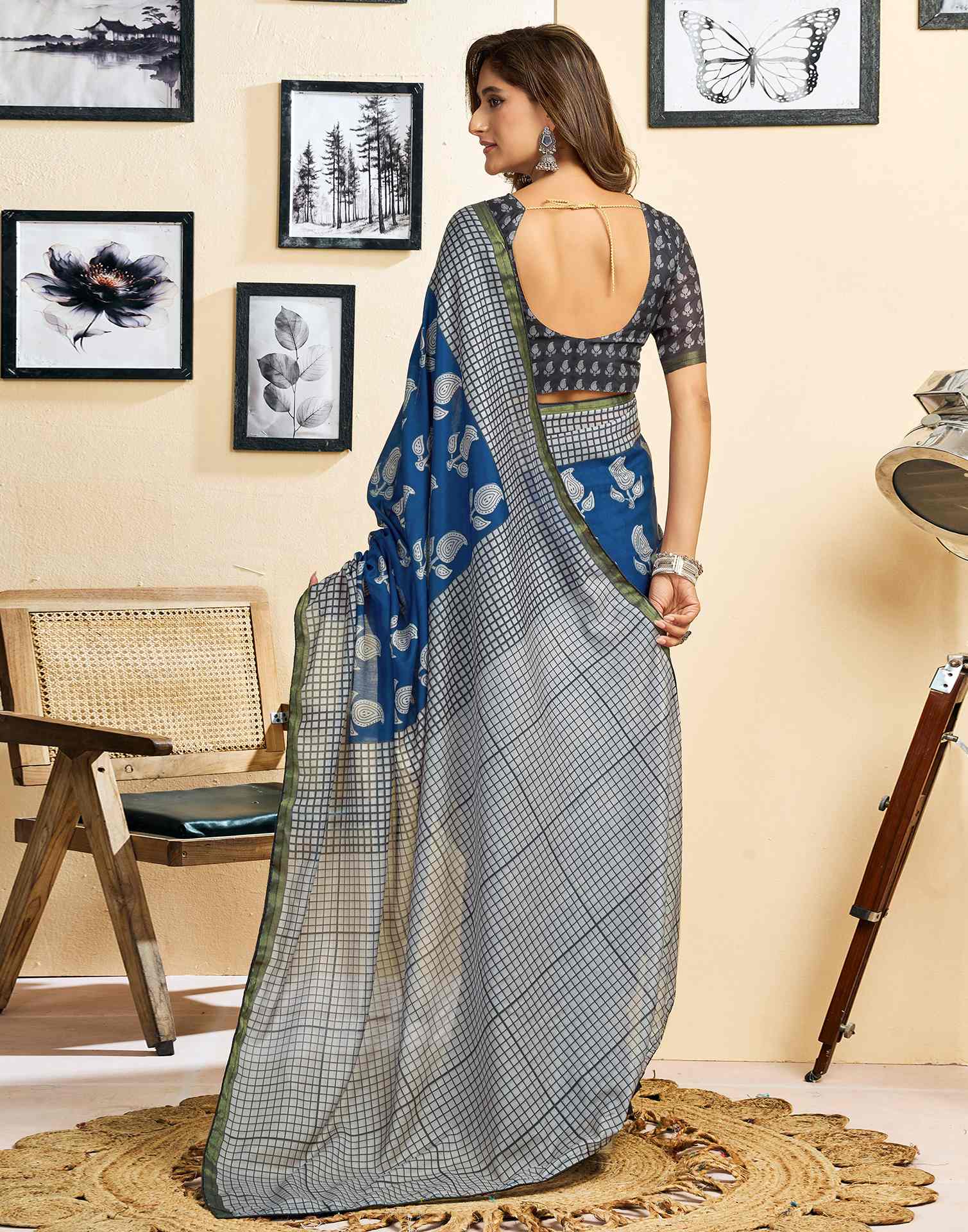 Ready To Wear Blue Linen Printed Saree