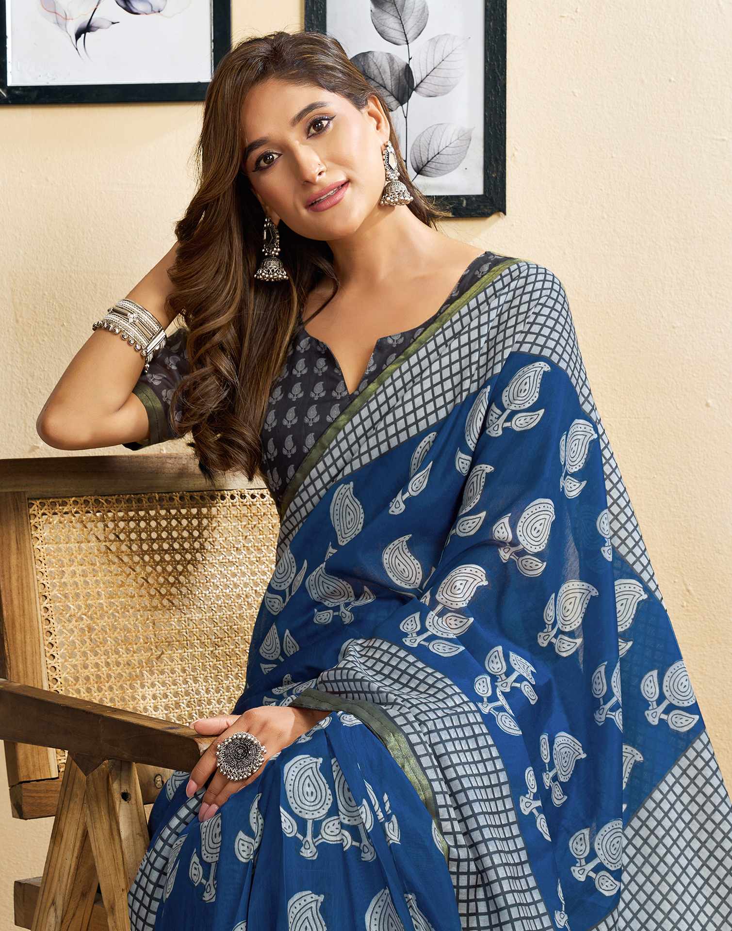 Ready To Wear Blue Linen Printed Saree