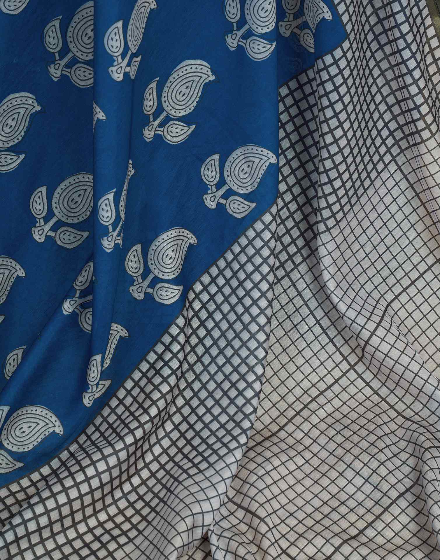 Ready To Wear Blue Linen Printed Saree