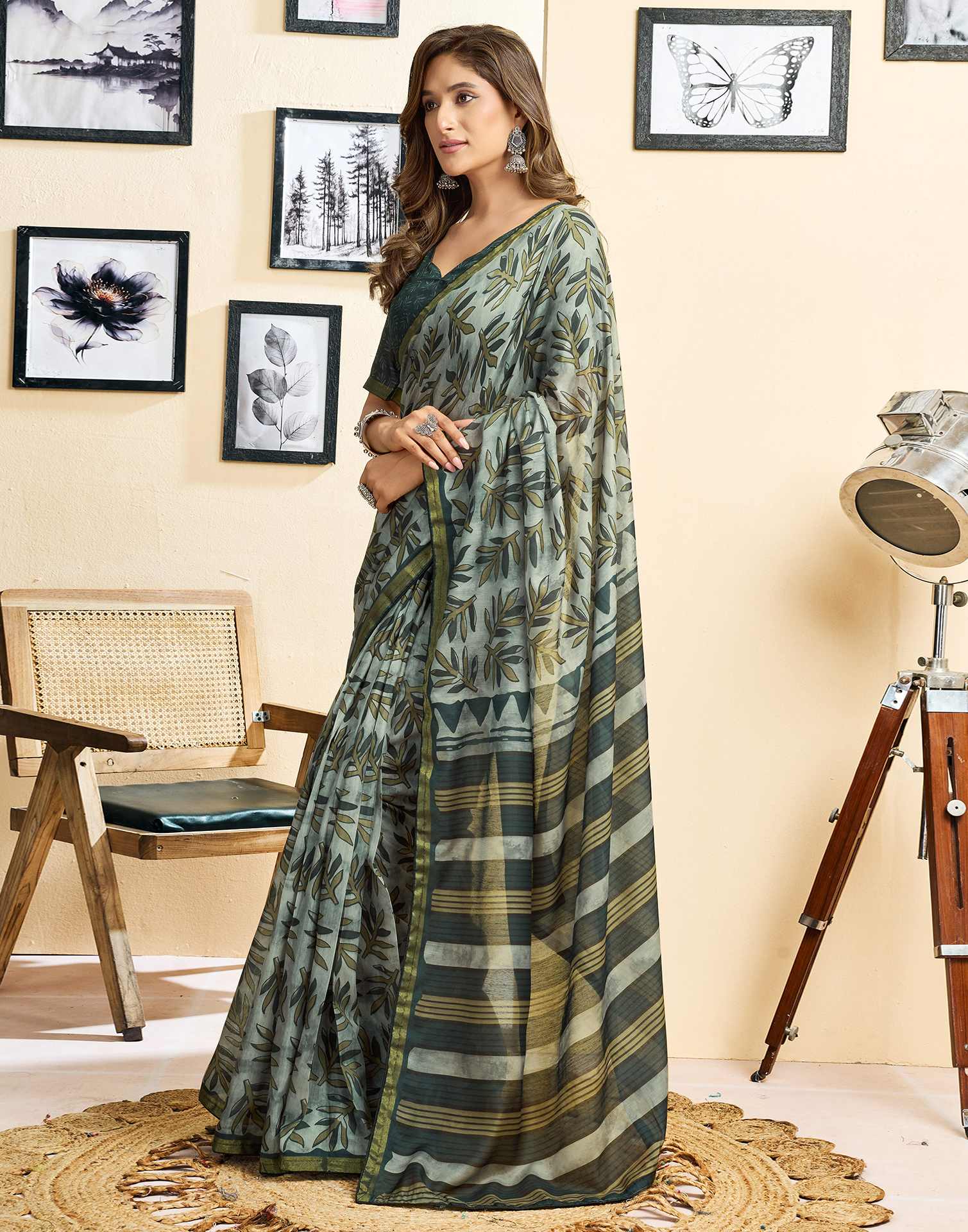 Ready To Wear Grey Linen Printed Saree