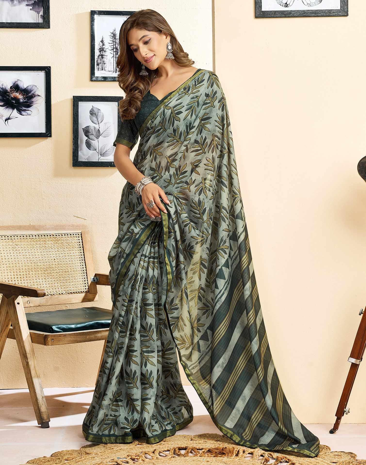 Ready To Wear Grey Linen Printed Saree