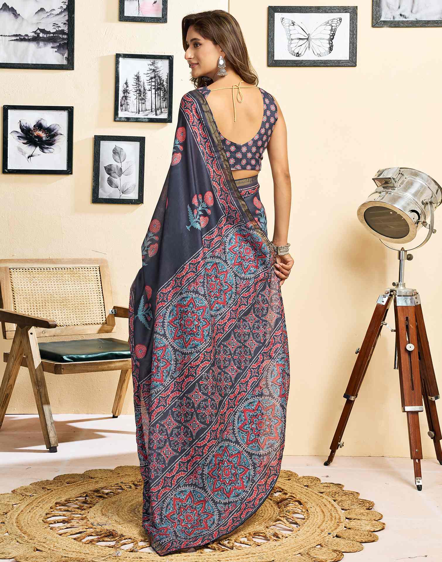 Ready To Wear Navy Blue Linen Floral Printed Saree
