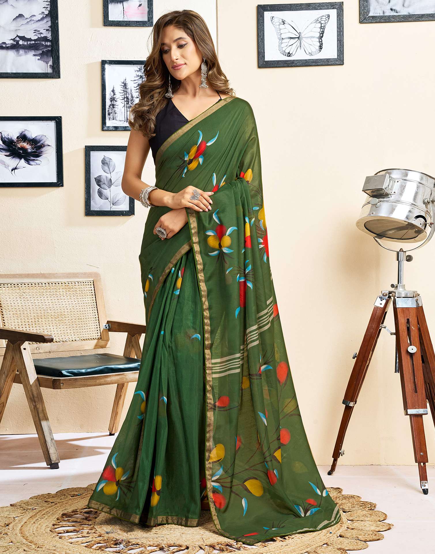 Ready To Wear Green Linen Floral Printed Saree