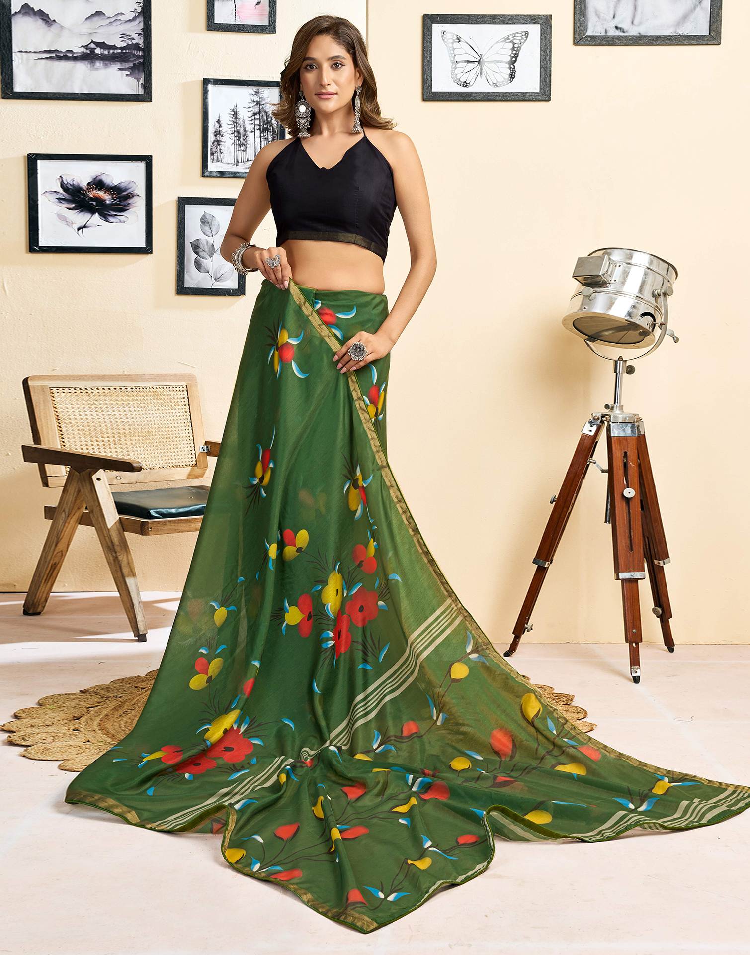 Ready To Wear Green Linen Floral Printed Saree