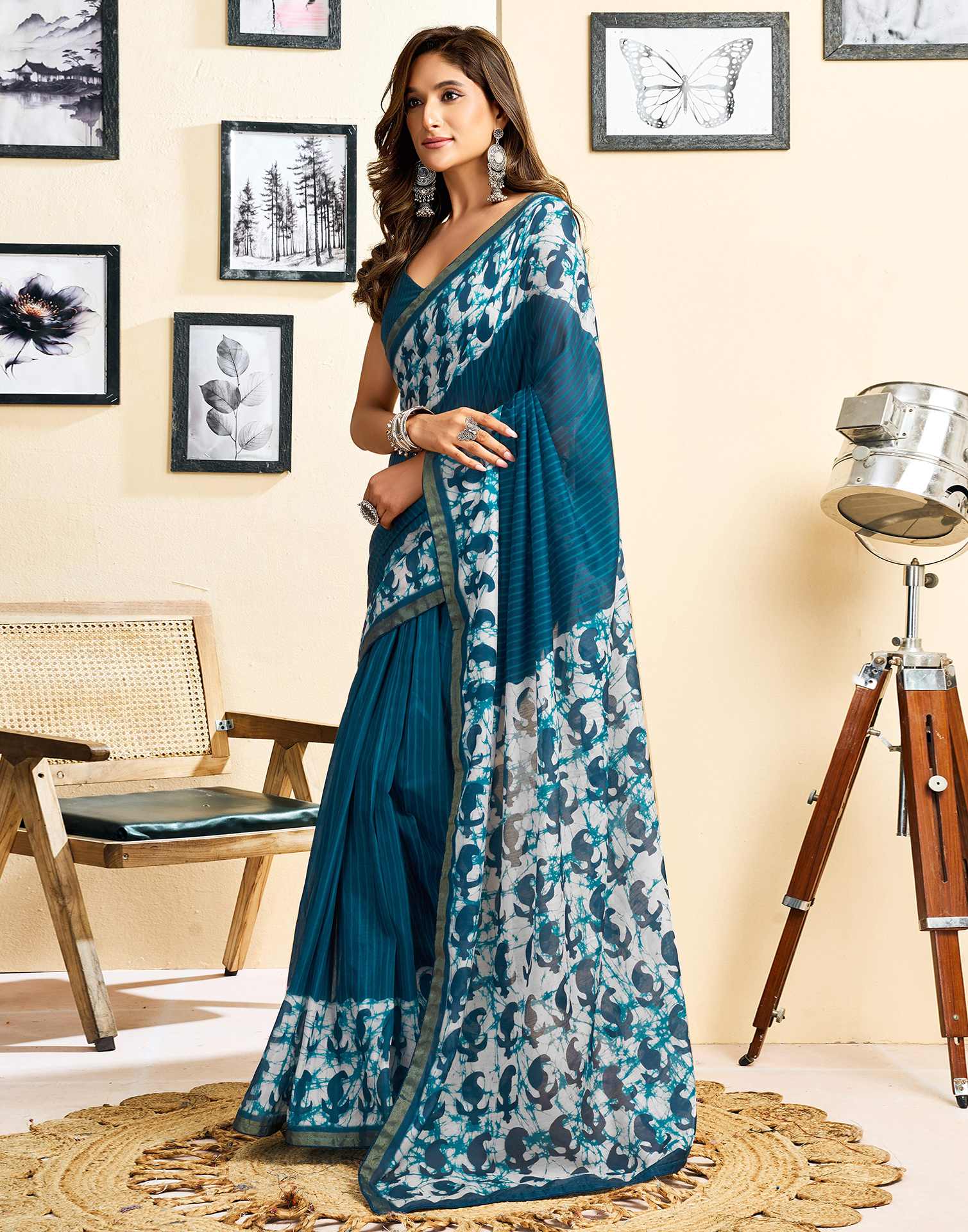 Ready To Wear Blue Linen Printed Saree