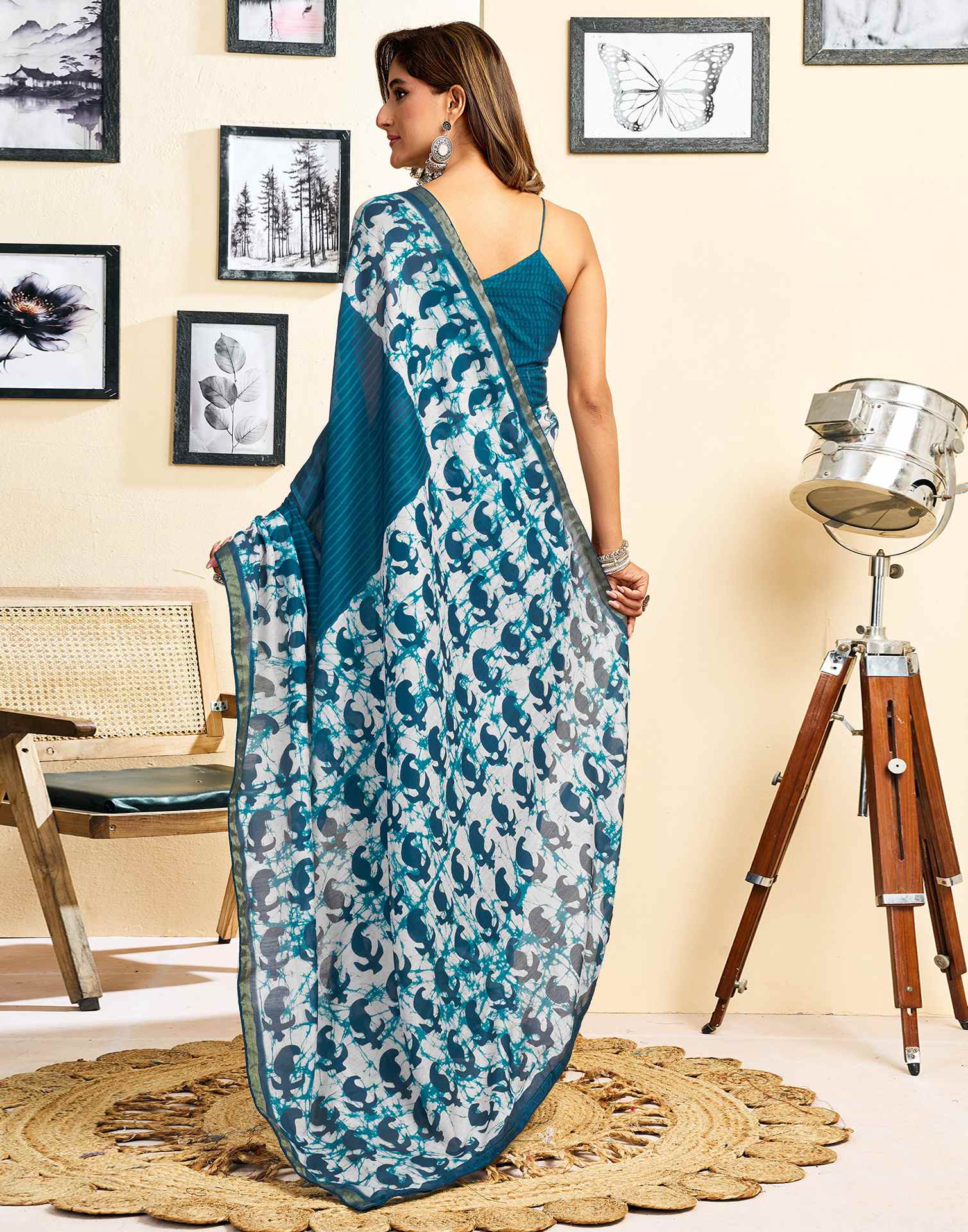 Ready To Wear Blue Linen Printed Saree