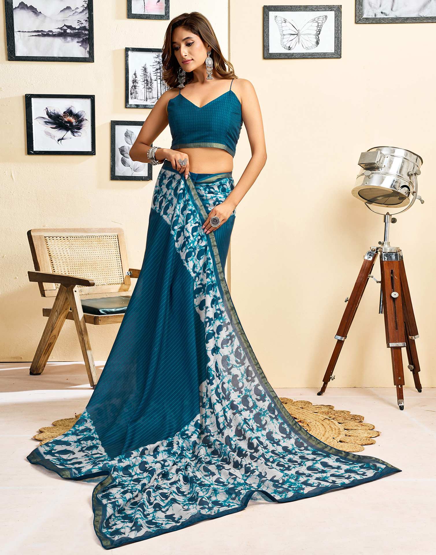 Ready To Wear Blue Linen Printed Saree