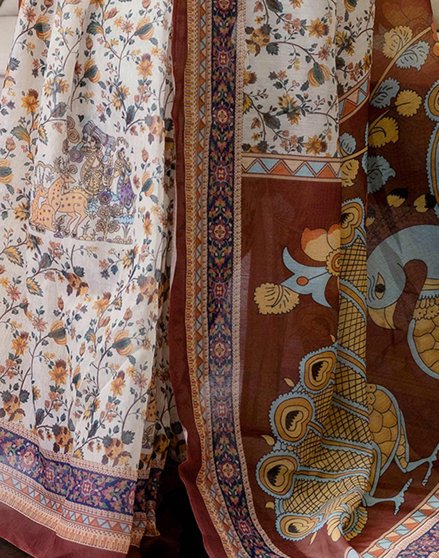 Ready To Wear Off White Linen Printed Saree