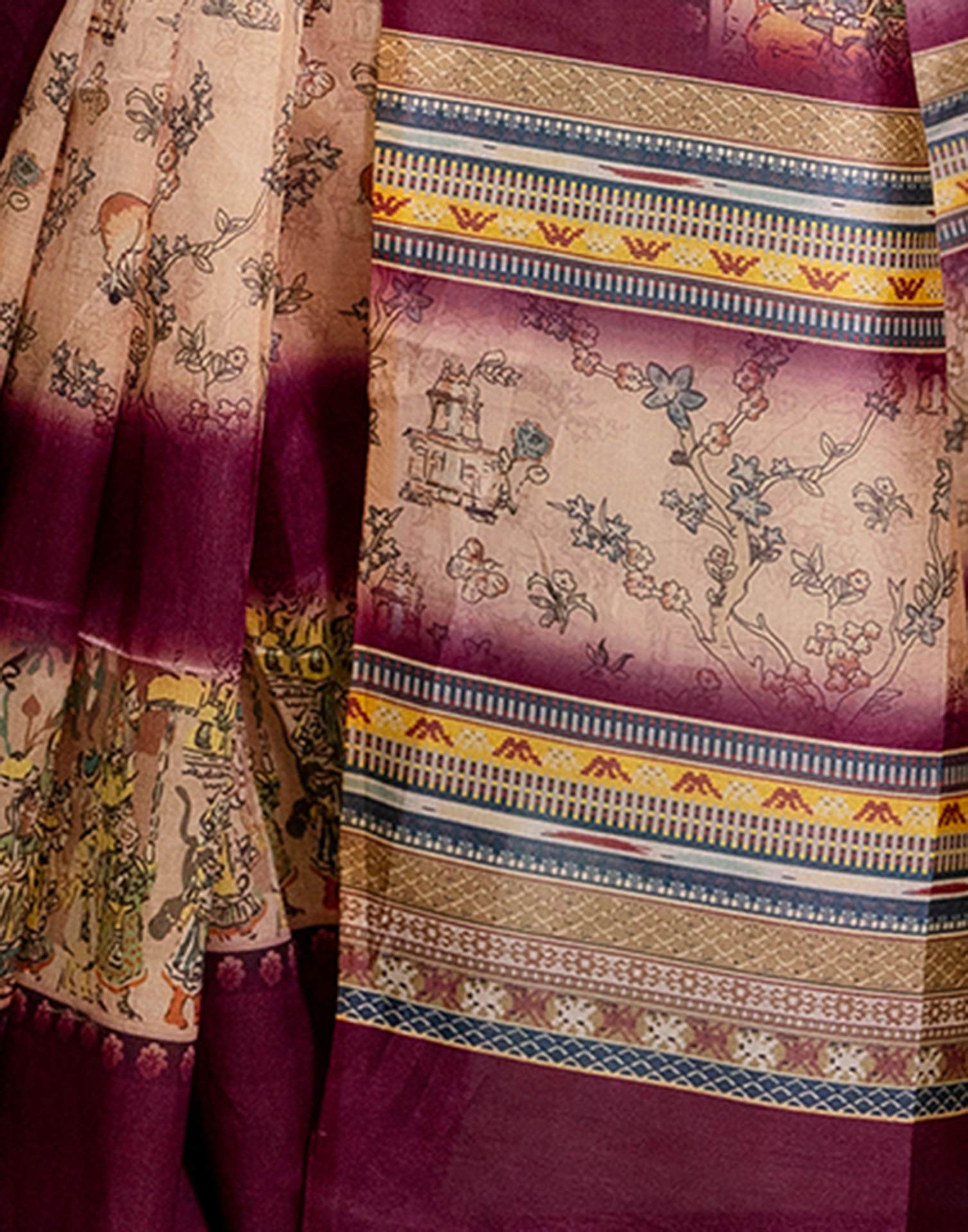 Ready To Wear Dark Beige Silk Printed Saree