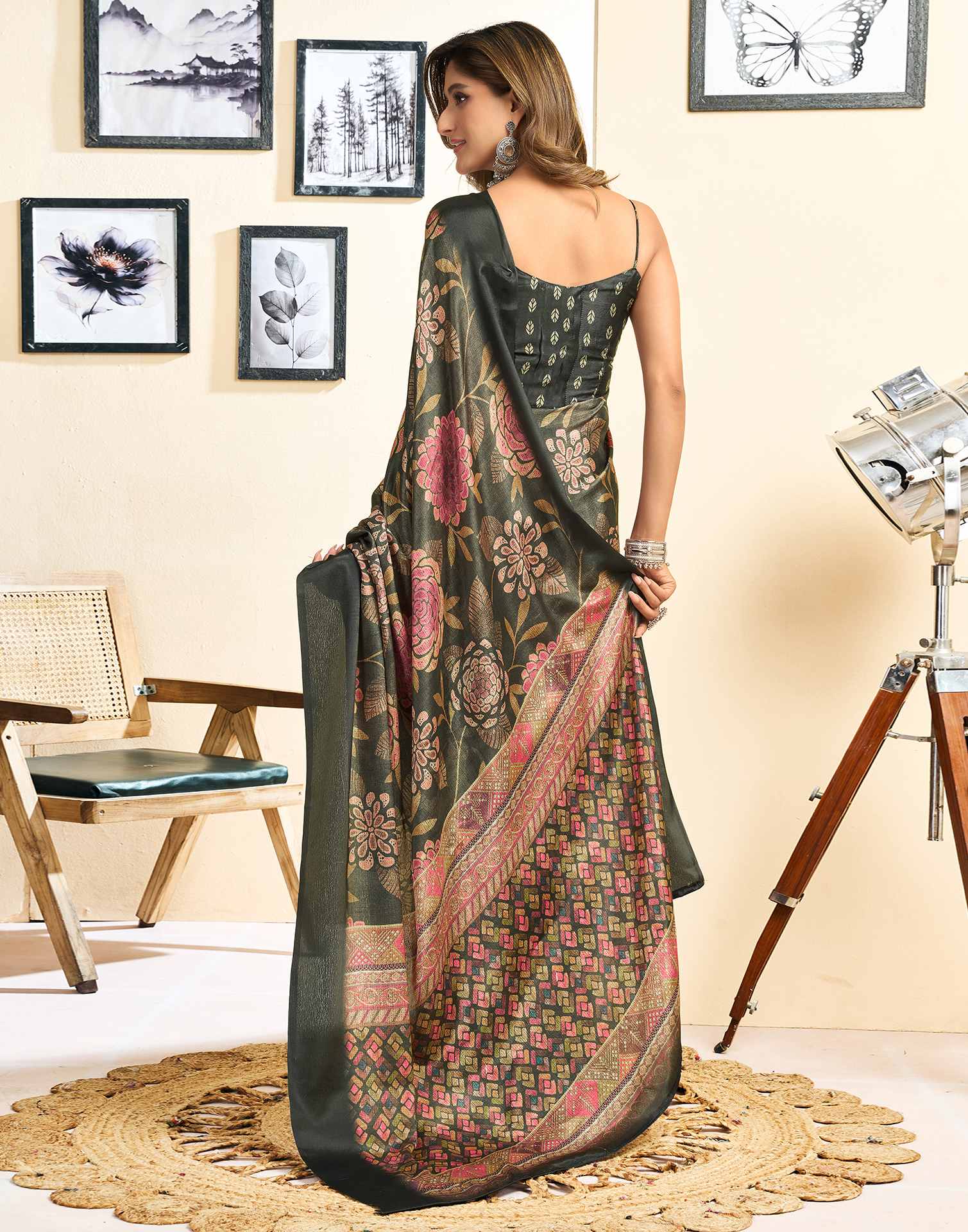 Ready To Wear Dark Green Chinnon Floral Printed Saree