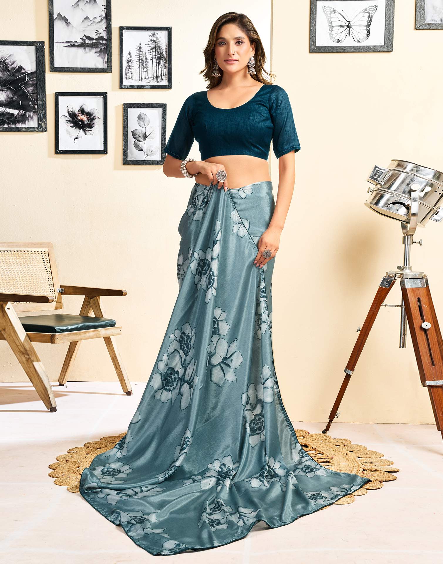 Ready To Wear Dusty Teal Blue Chinnon Floral Printed Saree