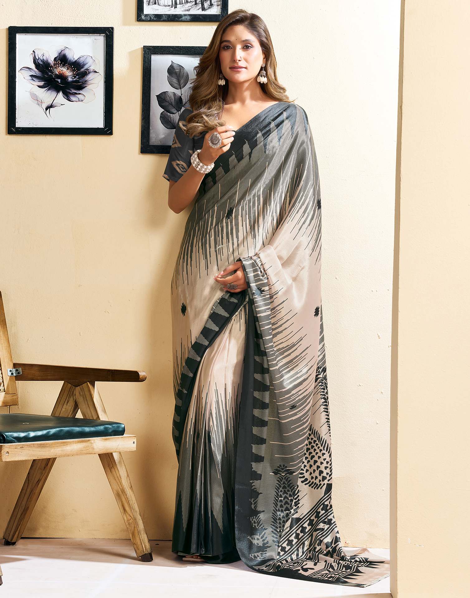 Ready To Wear Light Beige Chinnon Printed Saree