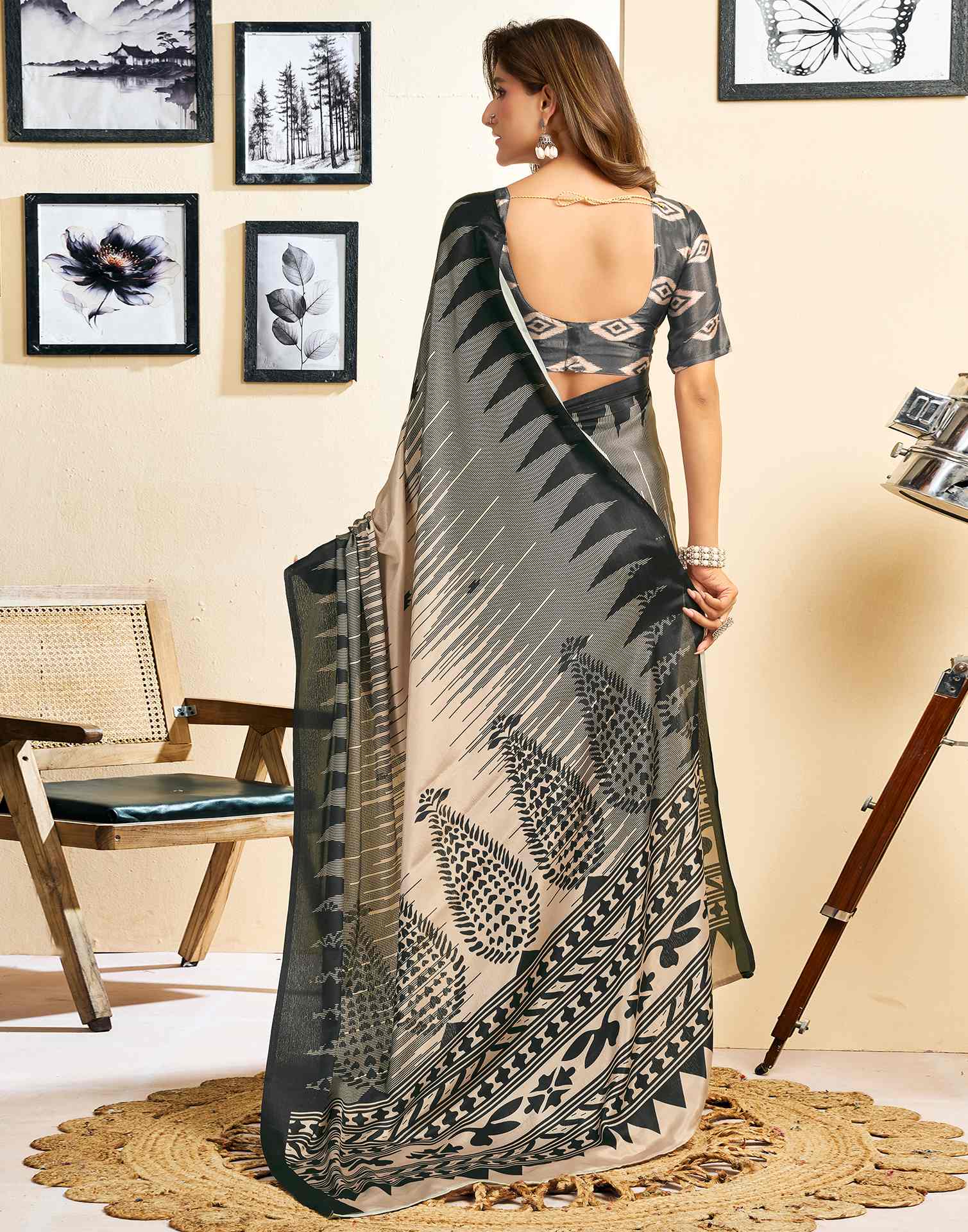 Ready To Wear Light Beige Chinnon Printed Saree