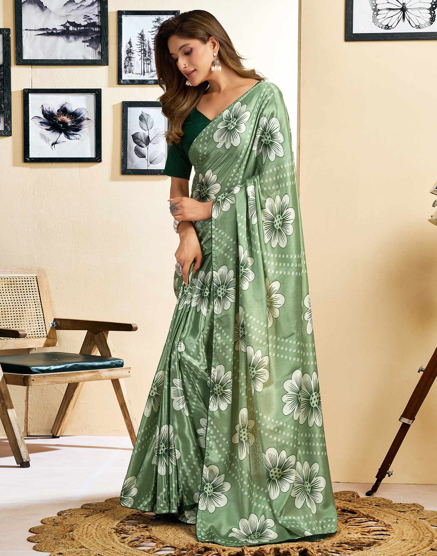 Ready To Wear Sage Green Chinnon Floral Printed Saree