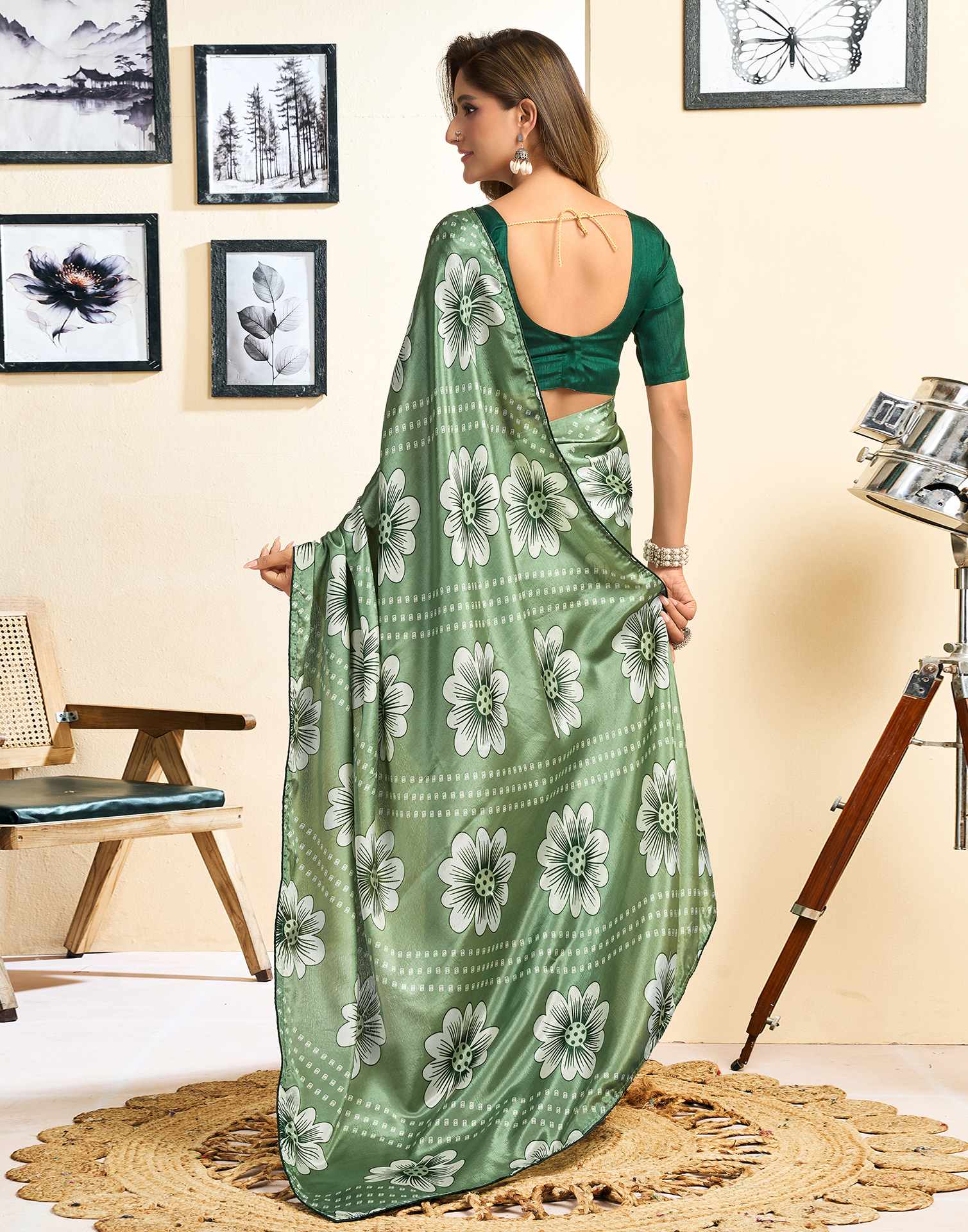 Ready To Wear Sage Green Chinnon Floral Printed Saree