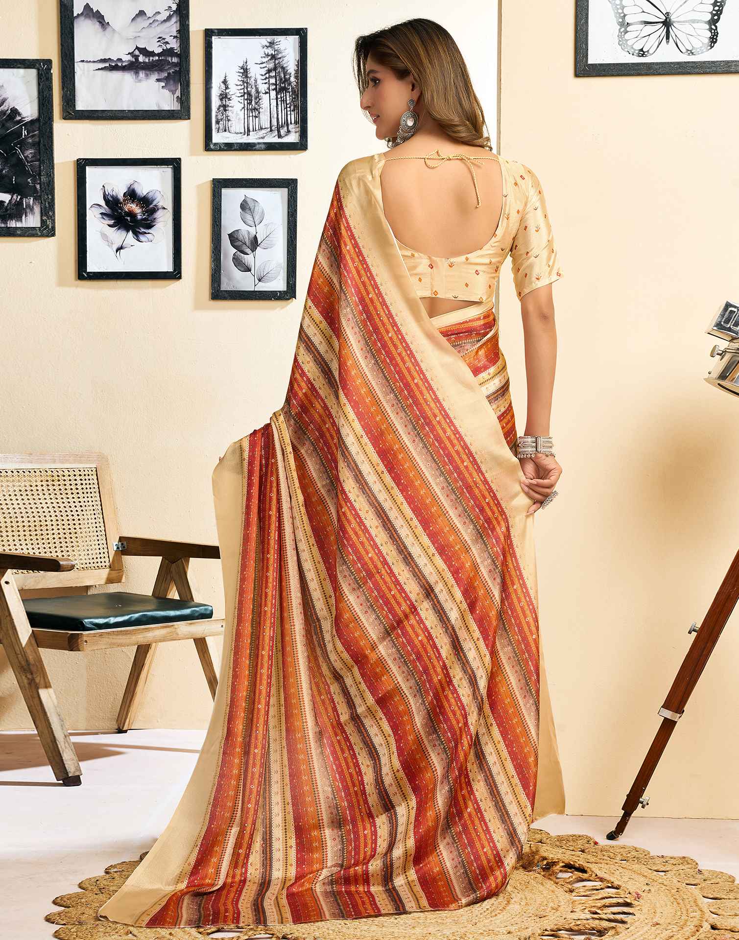 Ready To Wear Beige Chinnon Printed Saree