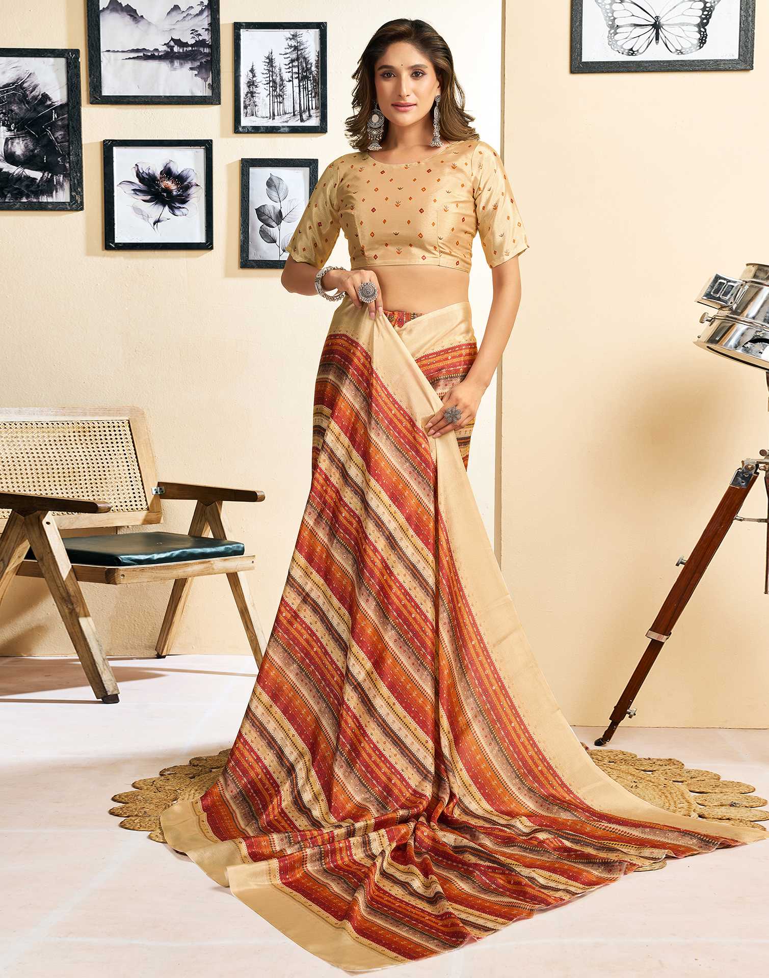 Ready To Wear Beige Chinnon Printed Saree