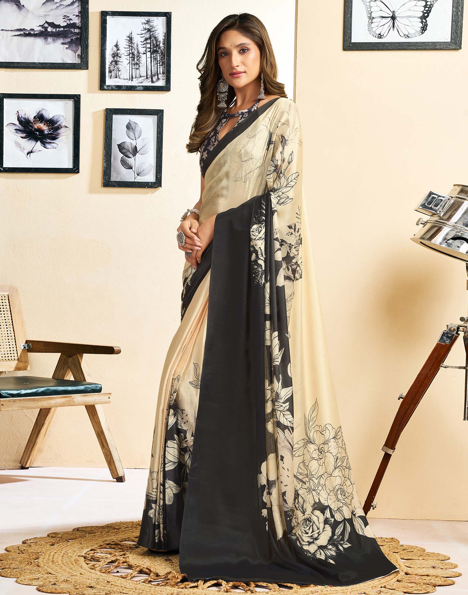 Ready To Wear Beige Chinnon Floral Printed Saree