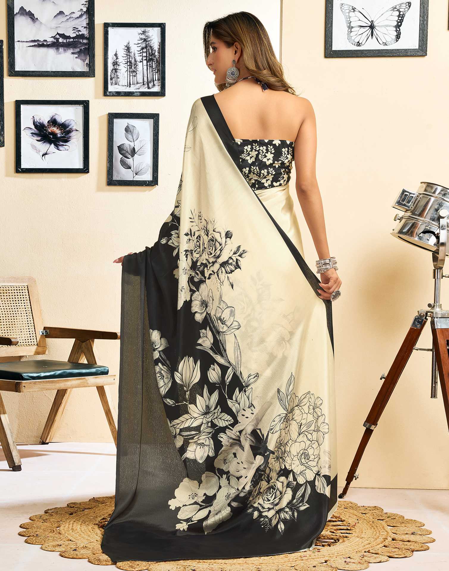 Ready To Wear Beige Chinnon Floral Printed Saree