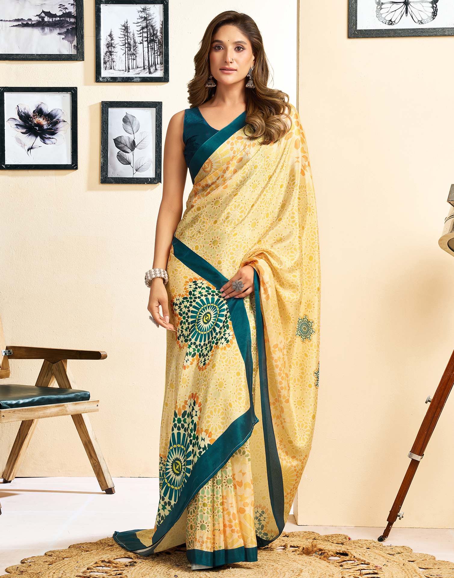 Ready To Wear Light Yellow Chinnon Printed Saree
