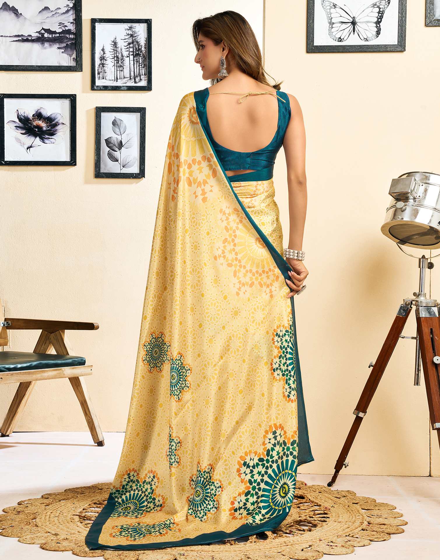 Ready To Wear Light Yellow Chinnon Printed Saree
