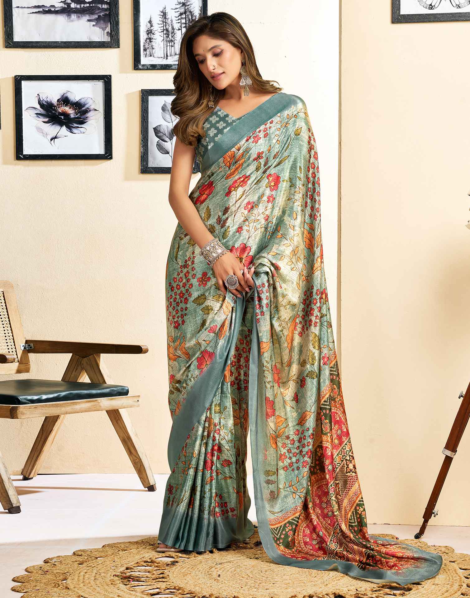 Ready To Wear Tea Green Chinnon Floral Printed Saree