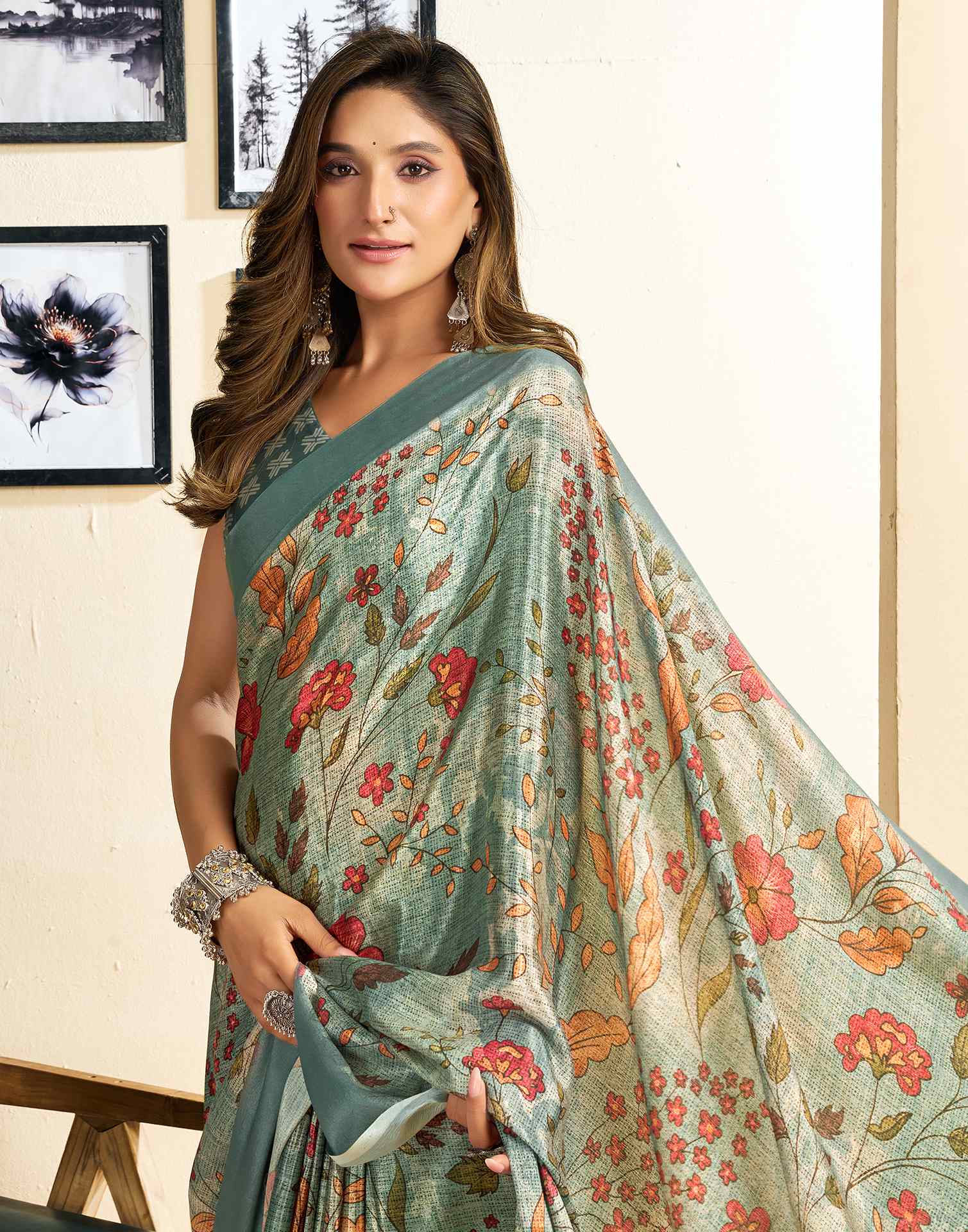 Ready To Wear Tea Green Chinnon Floral Printed Saree