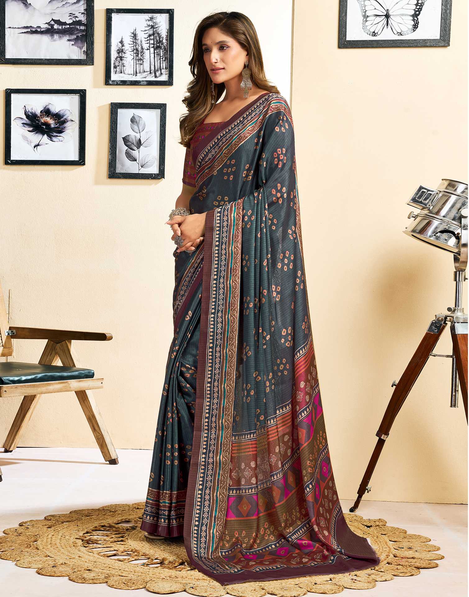 Ready To Wear Dusty Teal Blue Chinnon Printed Saree
