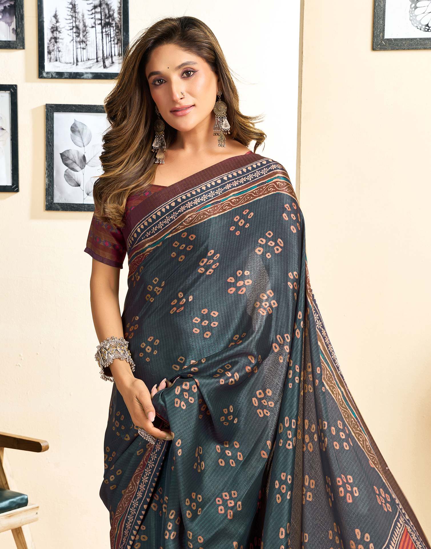 Ready To Wear Dusty Teal Blue Chinnon Printed Saree