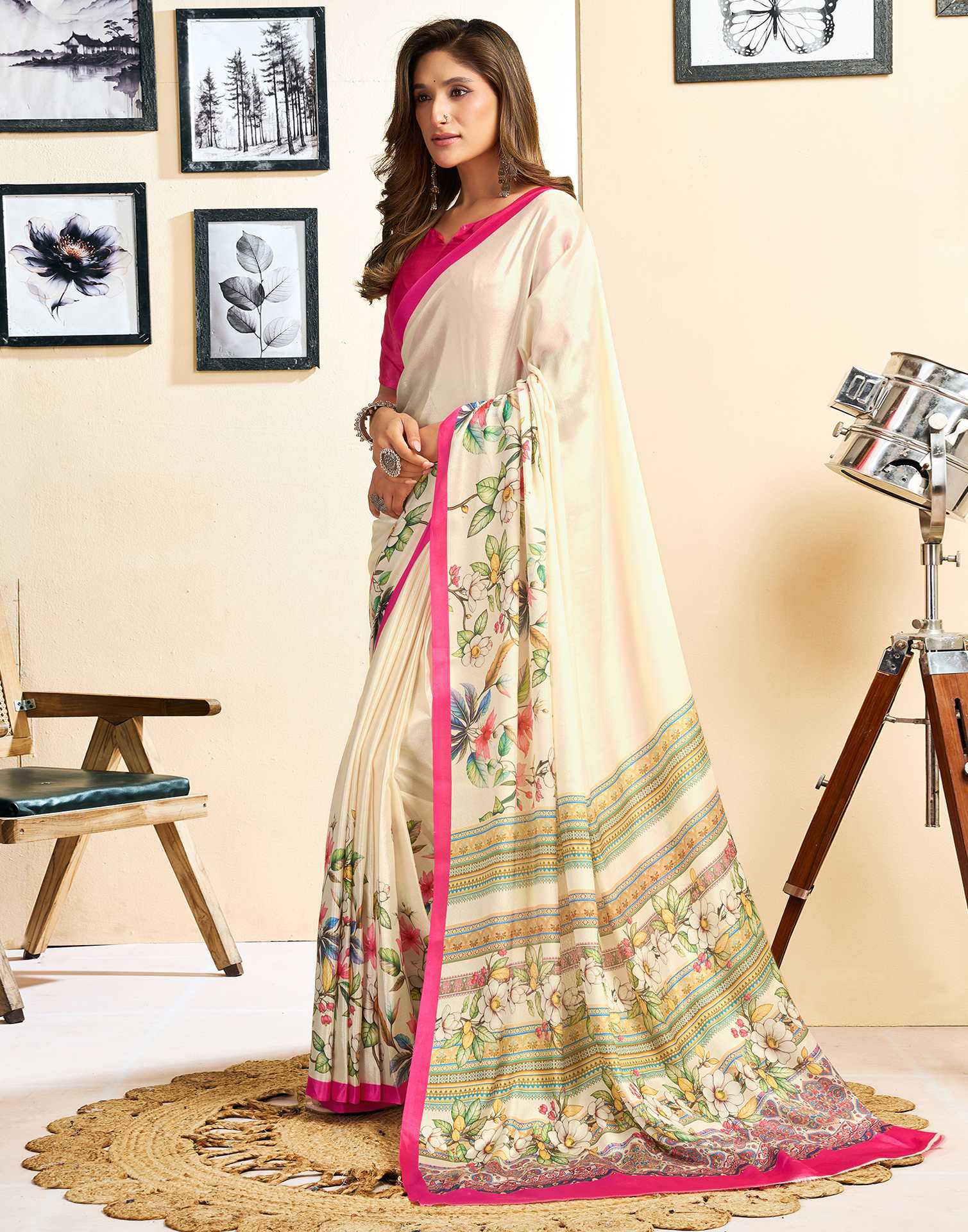 Ready To Wear Off White Chinnon Floral Printed Saree